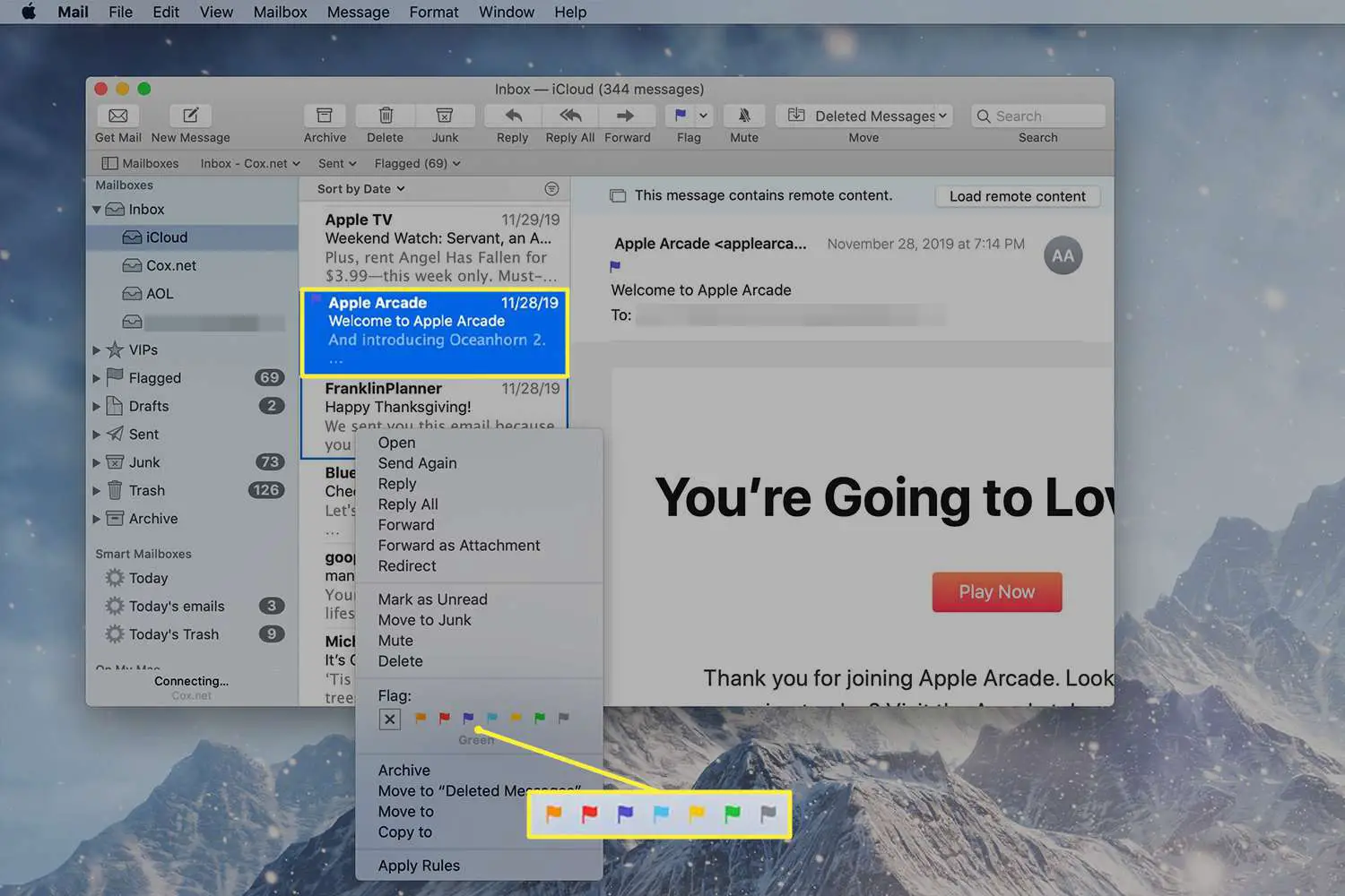 Menu do botão direito para sinalizar mensagens no Mail em um Mac