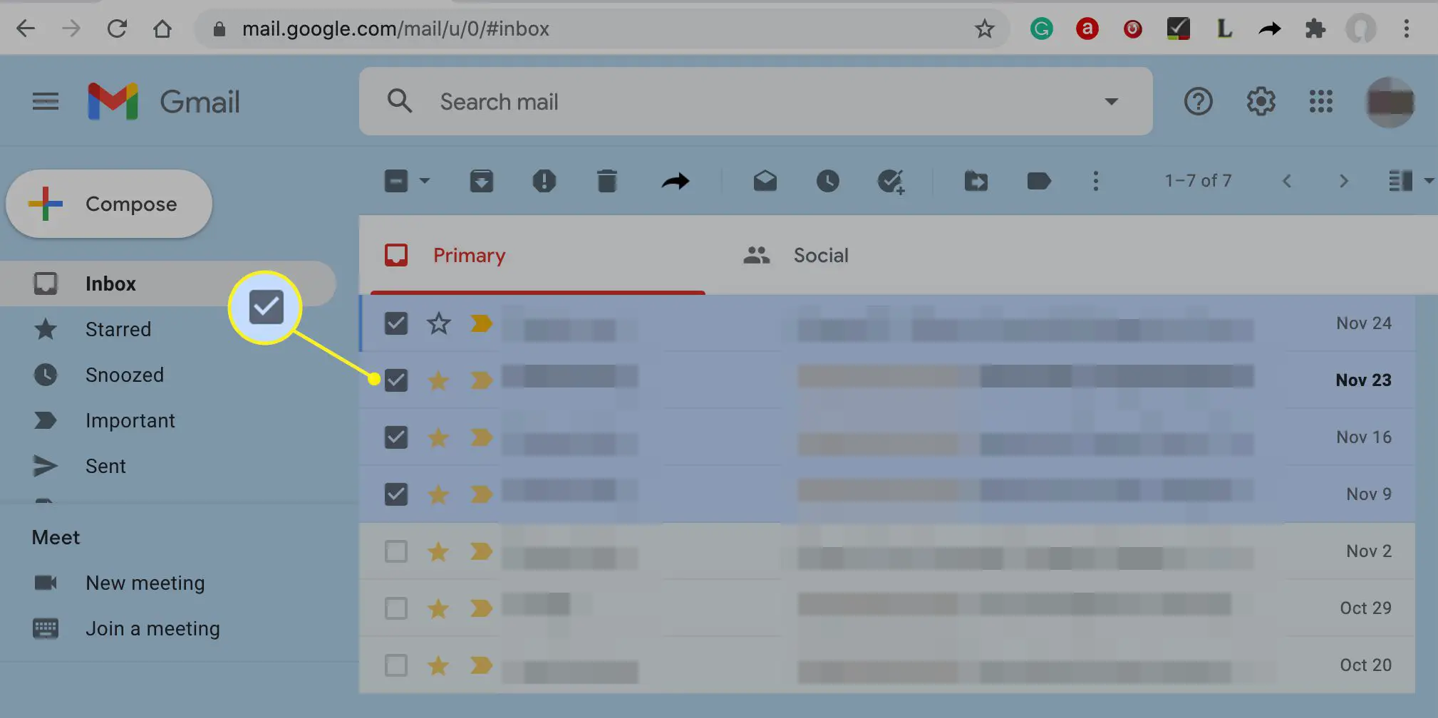 Caixas marcadas ao lado dos e-mails na caixa de entrada do Gmail