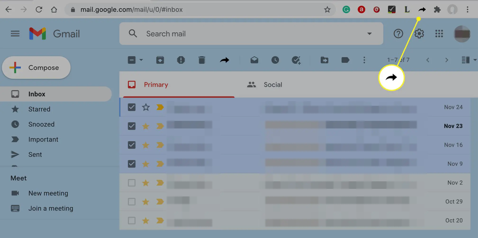 O ícone Multi Forward for Gmail na barra de ferramentas do Chrome