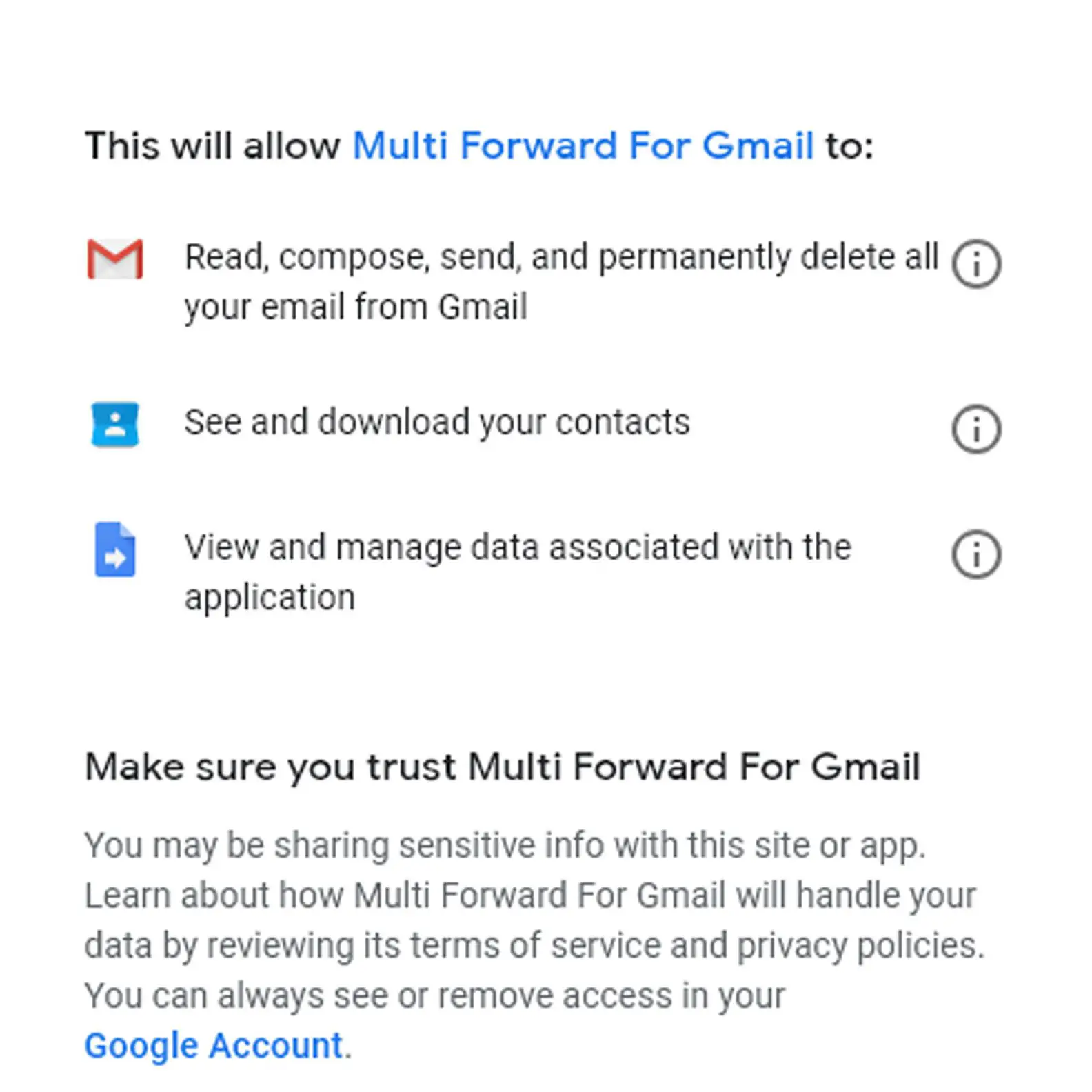 A extensão Multi Forward for Gmail está mostrando uma tela que descreve o que é permitido fazer.