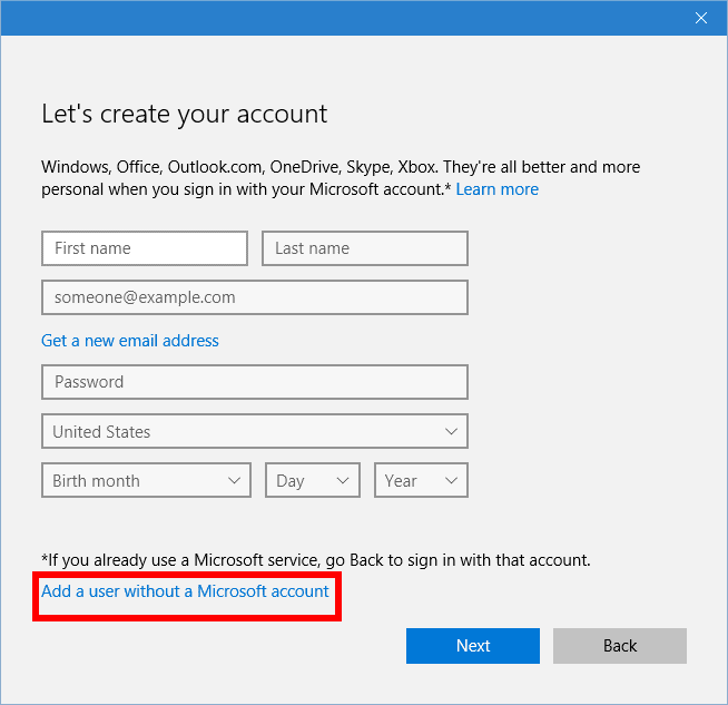 As contas locais no Windows 10 estão enterradas em vários links.