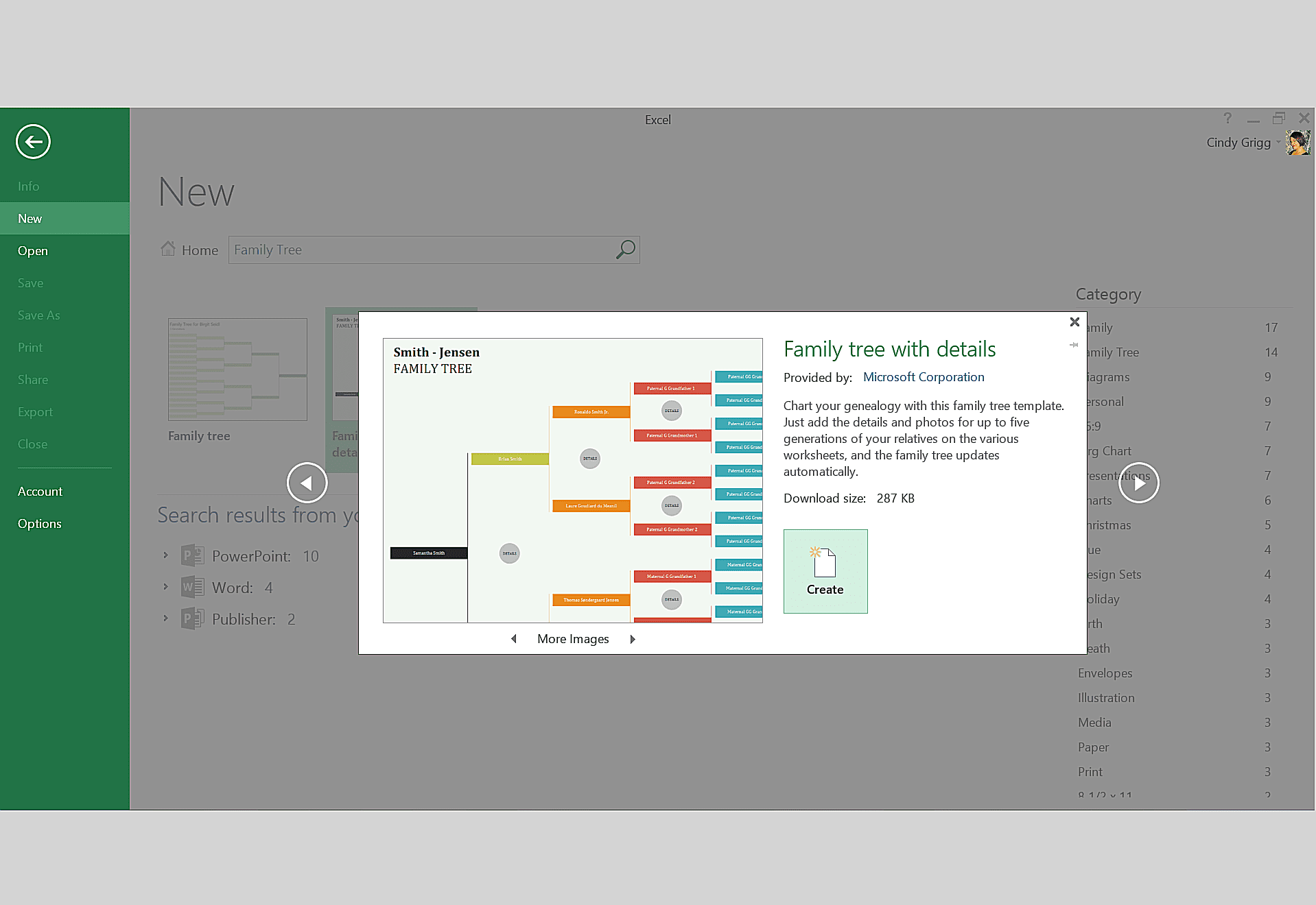 Modelo de árvore genealógica ou imprimível para Microsoft Excel