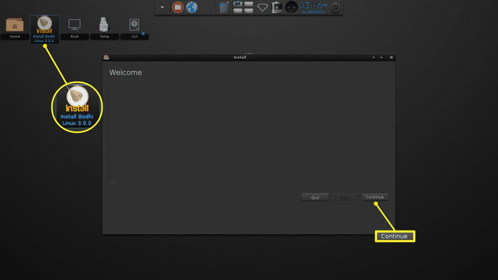 O botão Instalar Bodhi Linux destacado e o botão Continuar.