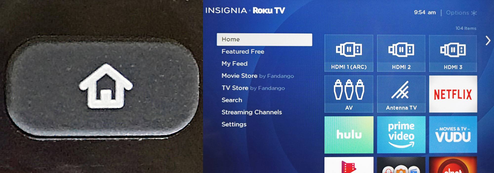 Controle remoto da TV Roku - botão inicial e tela