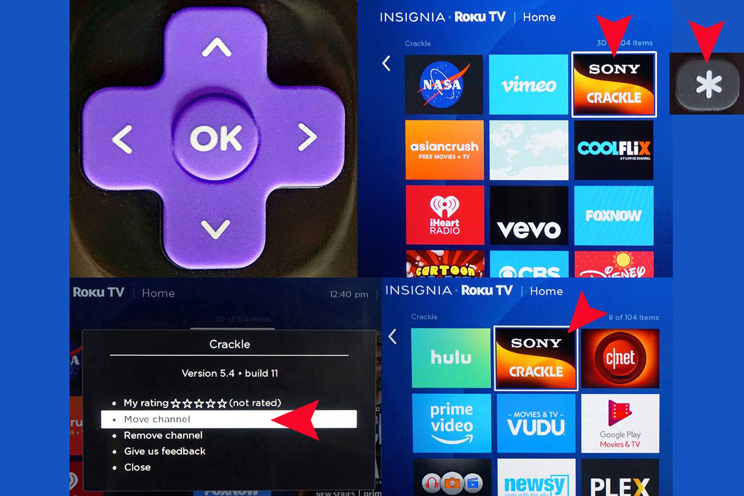 Roku TV Remote - Teclado direcional - Reordenação de aplicativos no menu inicial