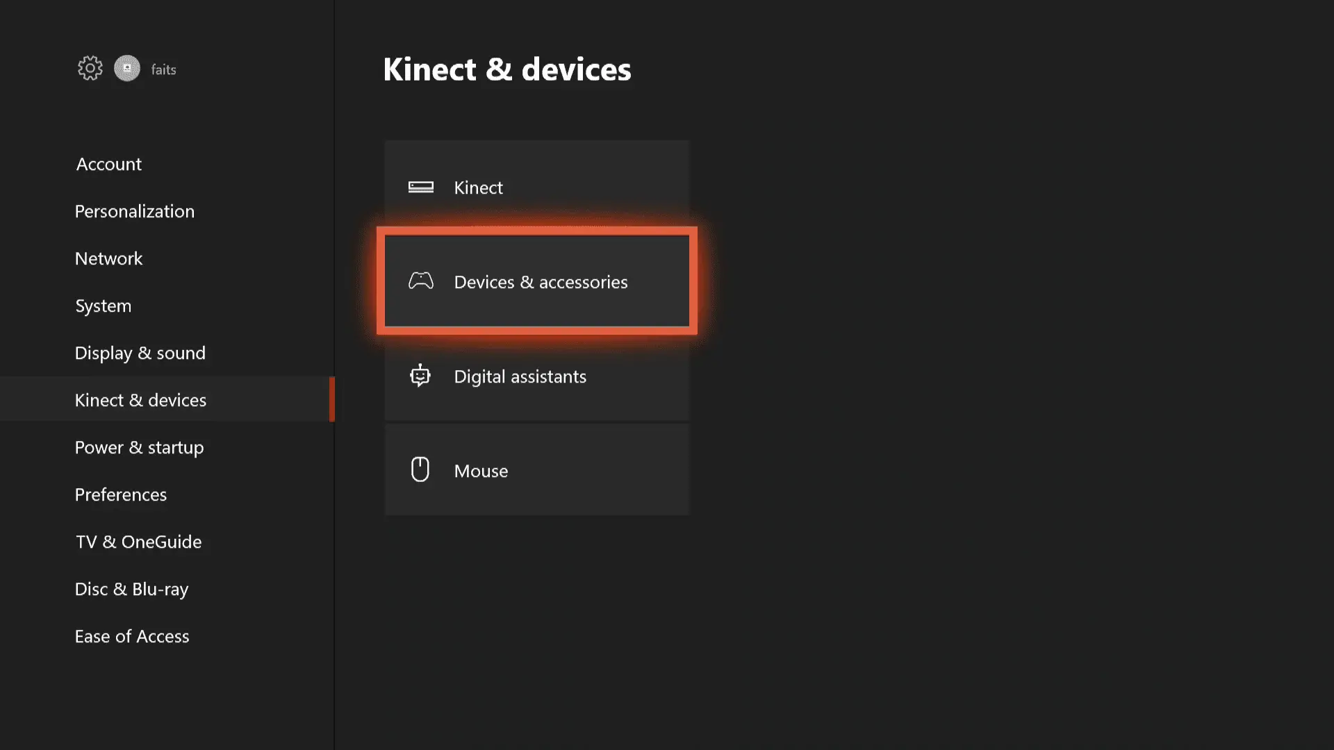 Uma captura de tela do menu Xbox One Kinext e dispositivos.