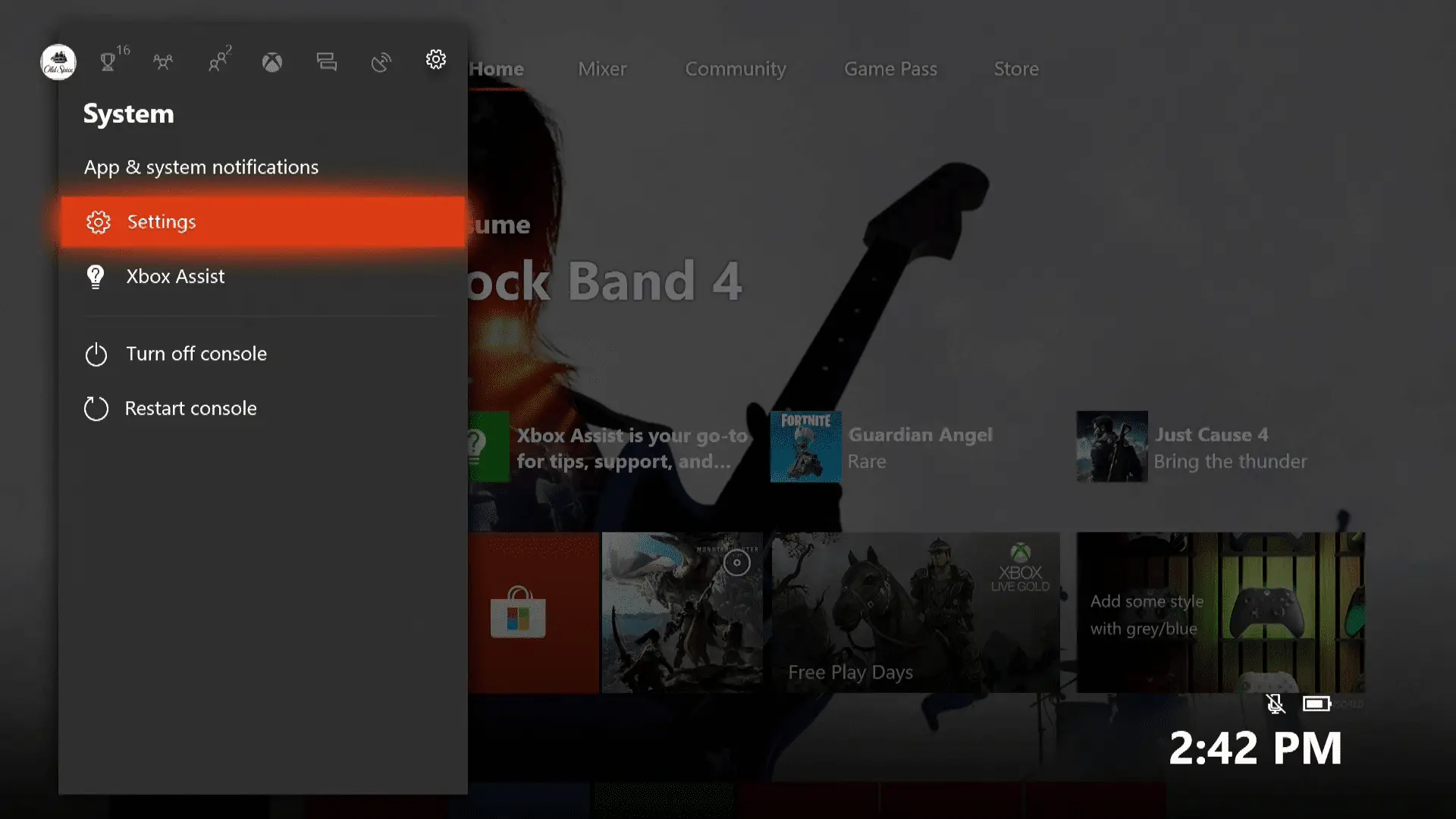 Uma captura de tela do menu do sistema de guia do Xbox One.