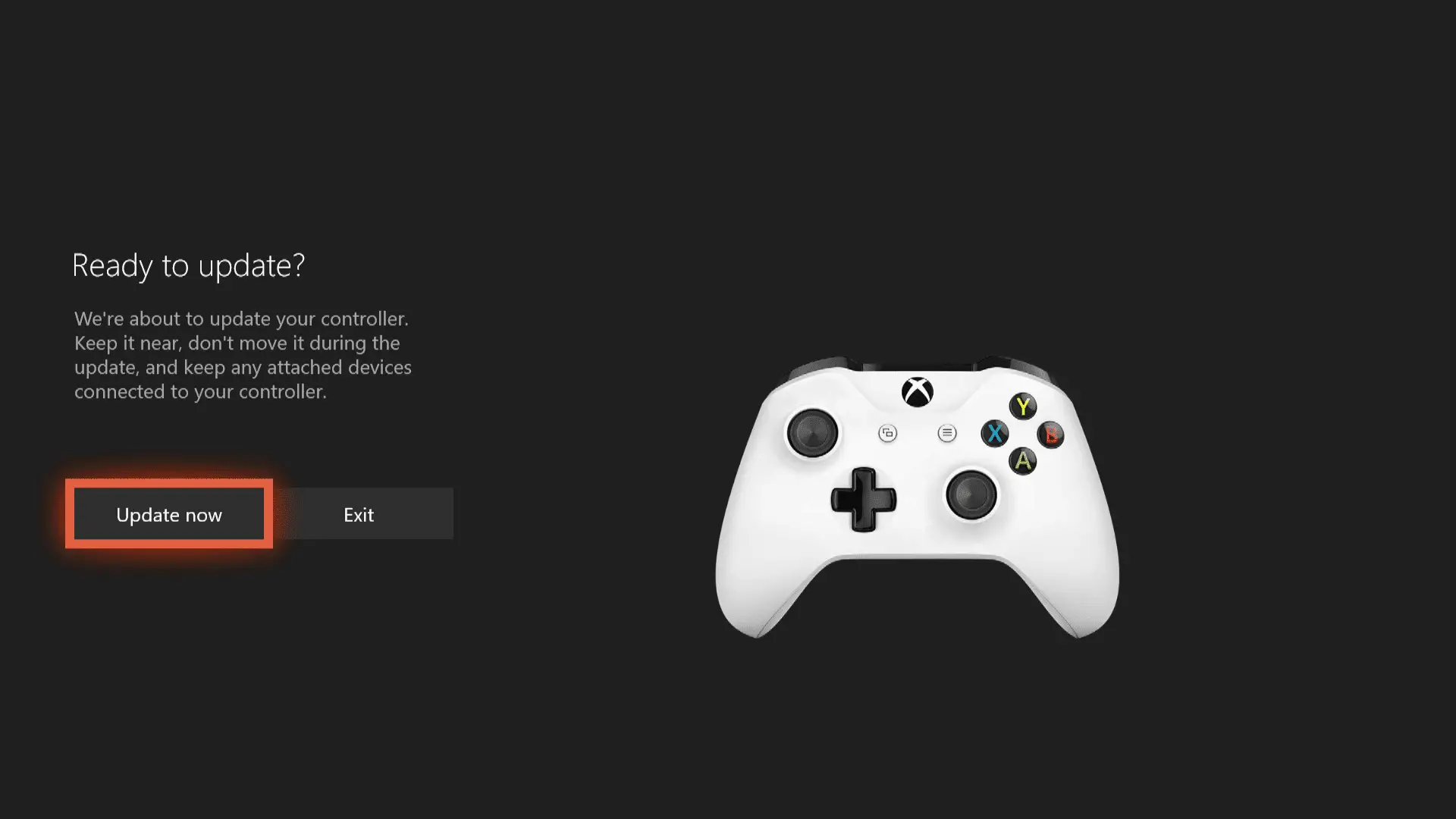 Uma captura de tela da tela de atualização do controlador sem fio do Xbox One.