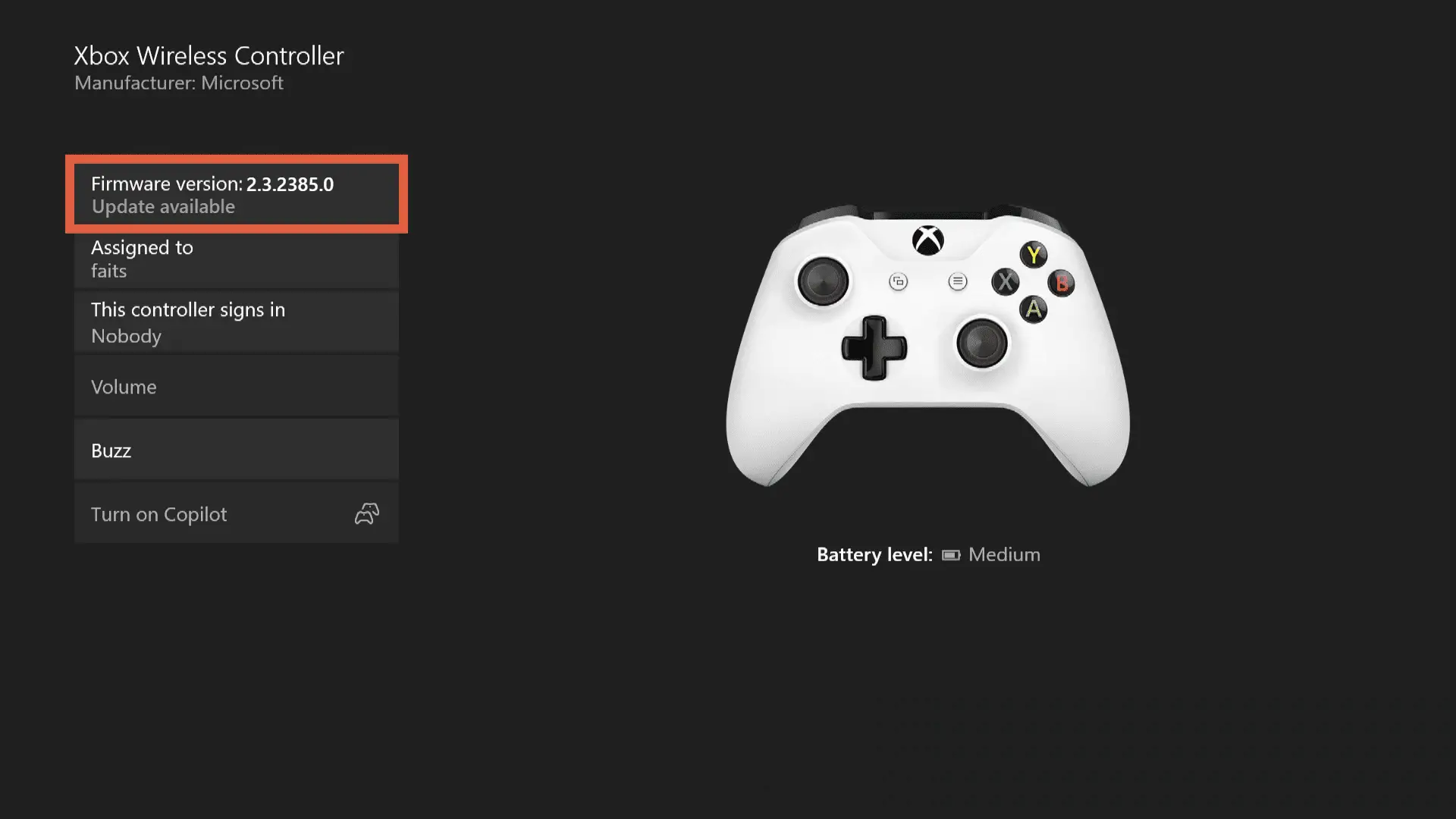 Uma captura de tela da tela de gerenciamento do controlador sem fio do Xbox One.