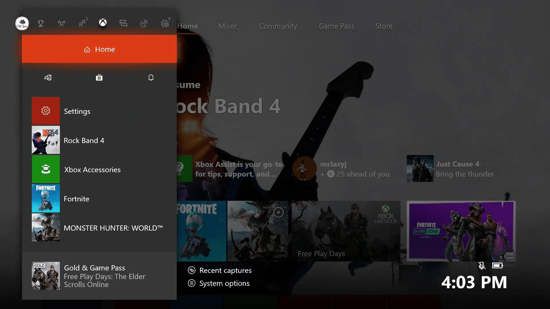 Uma captura de tela do guia do Xbox One.