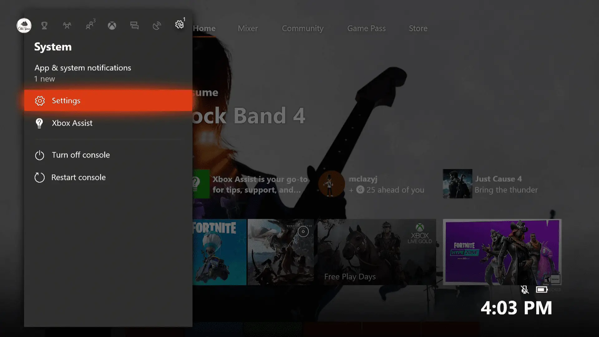 Uma captura de tela do menu de configurações do sistema do Xbox One.