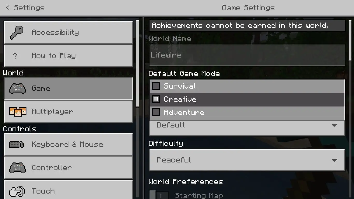 Opções de modo de jogo padrão nas configurações do Minecraft