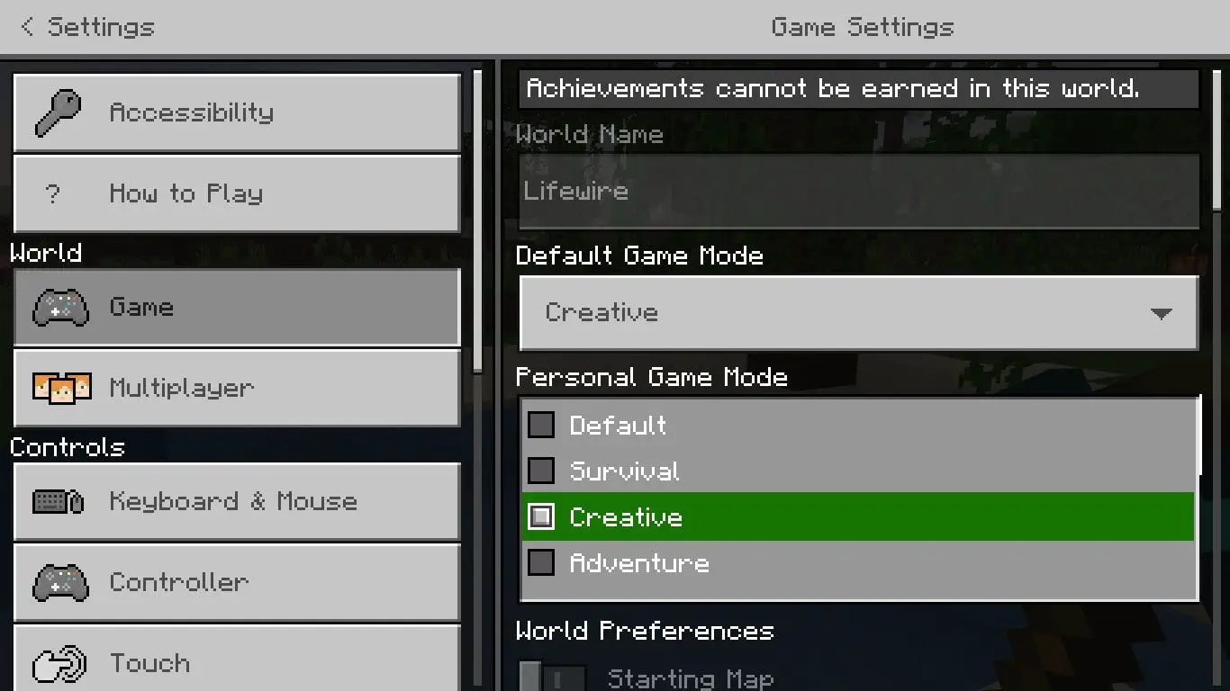 Opções do modo de jogo pessoal nas configurações do Minecraft