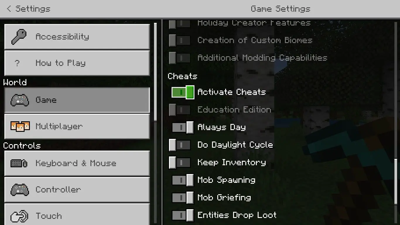 Habilite Cheats nas configurações do Minecraft