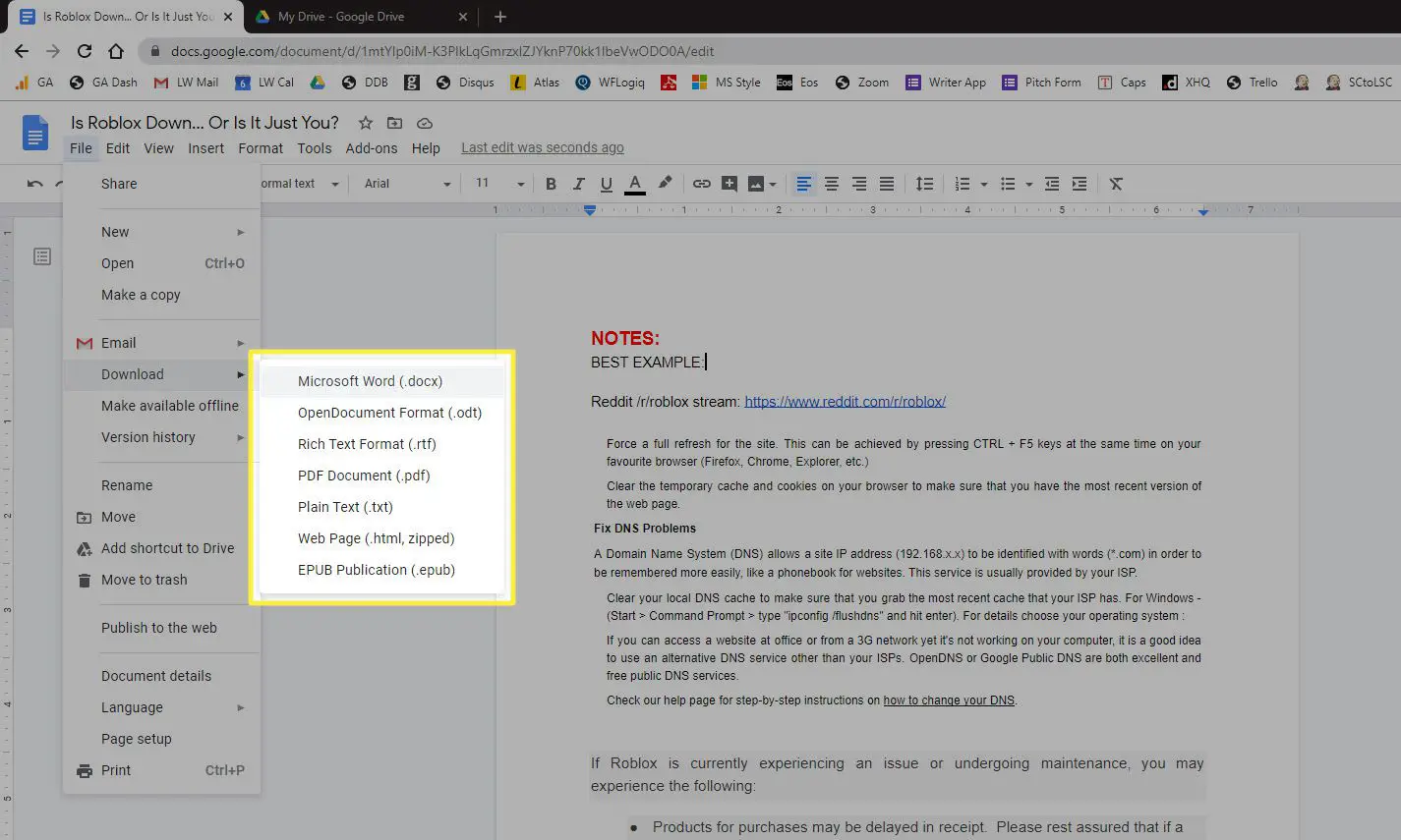 Baixar como item de menu do Microsoft Word (.docx) no menu Arquivo do documento do Google
