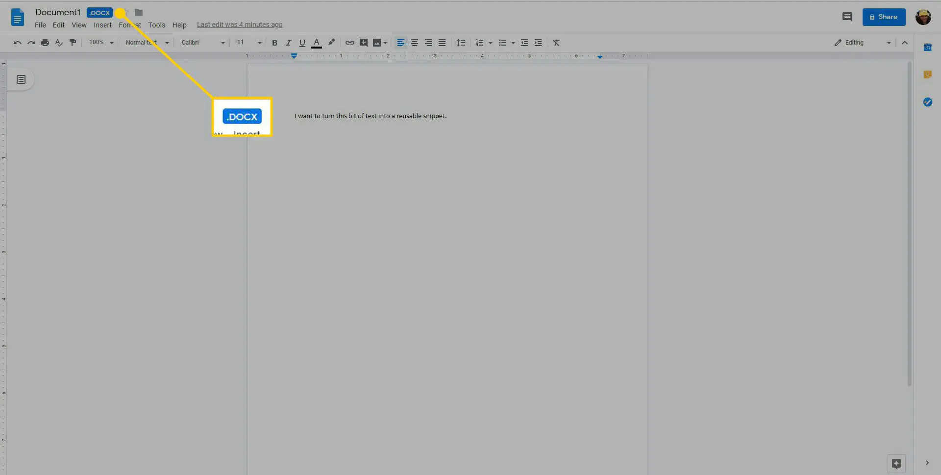 Um documento do Word aberto no Google Drive com a extensão DOCX destacada