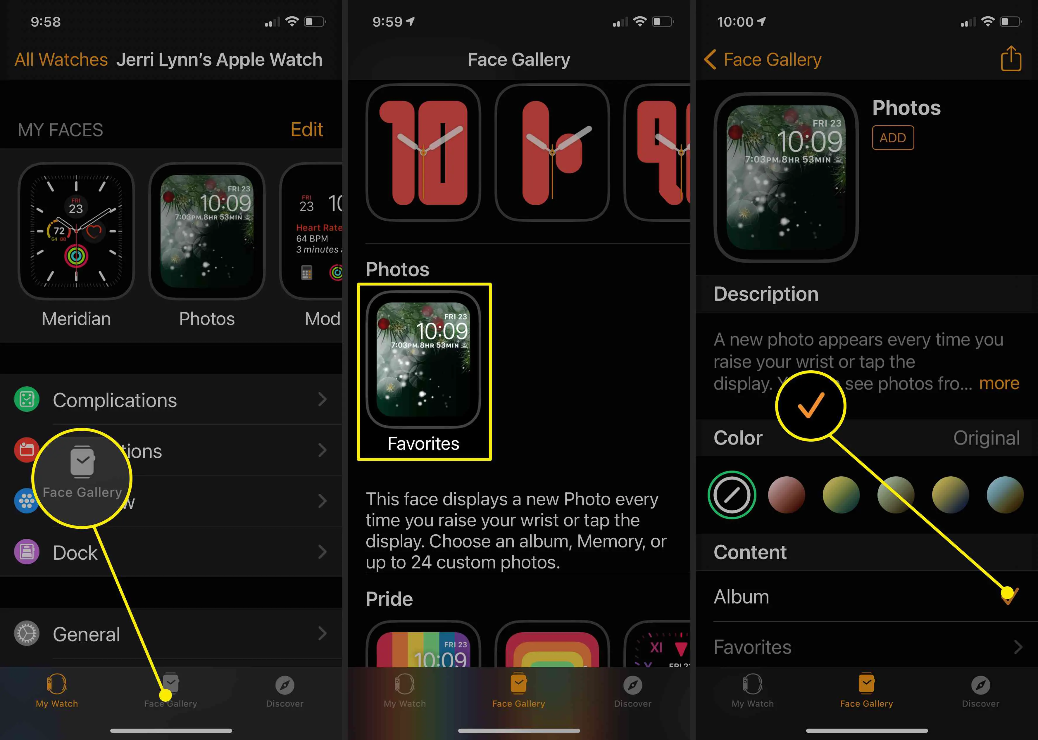 Capturas de tela de adição de um álbum de fotos como um mostrador do Apple Watch no iPhone.