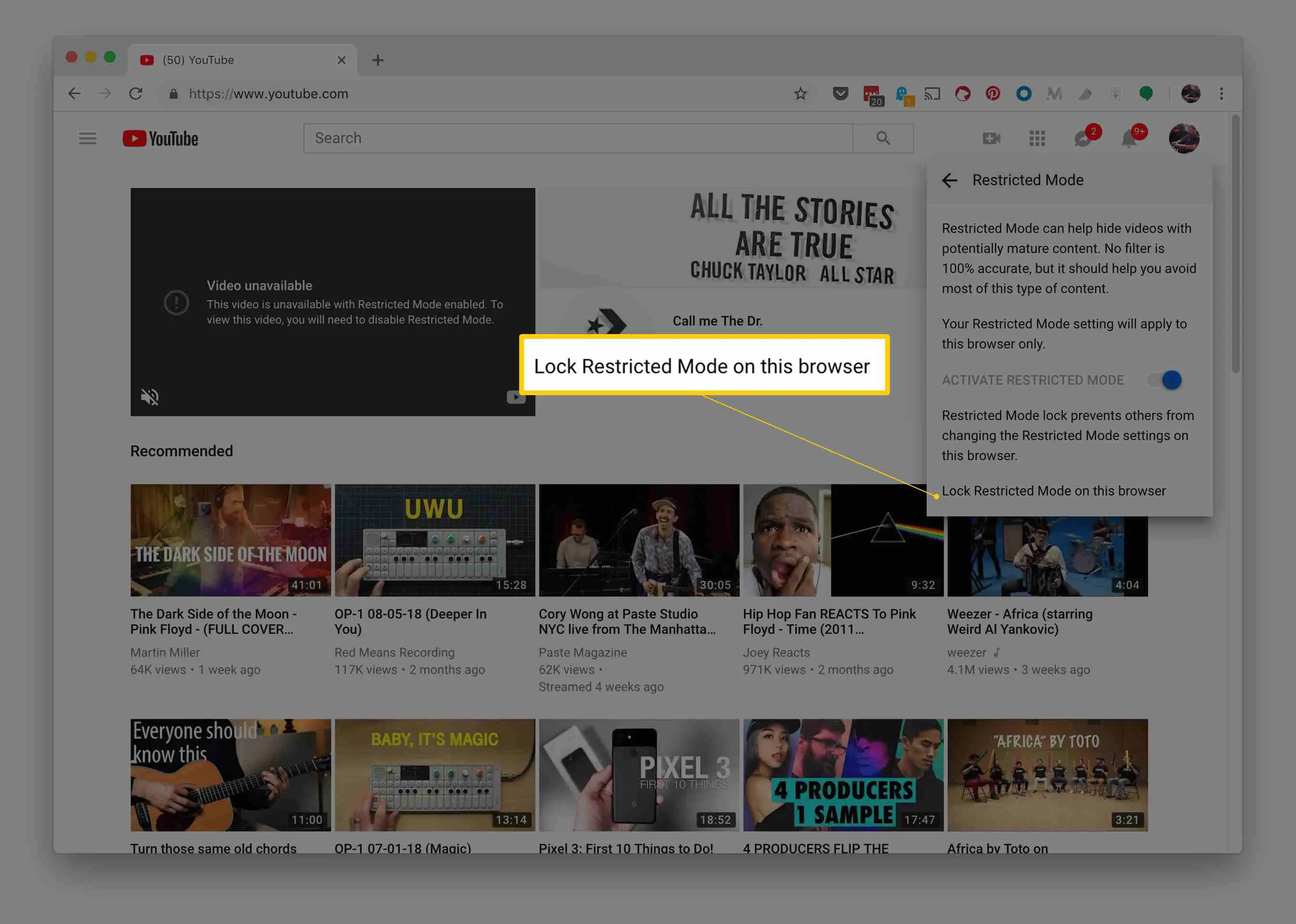 Bloquear o Modo restrito neste link do navegador no menu de configurações do Modo restrito do YouTube