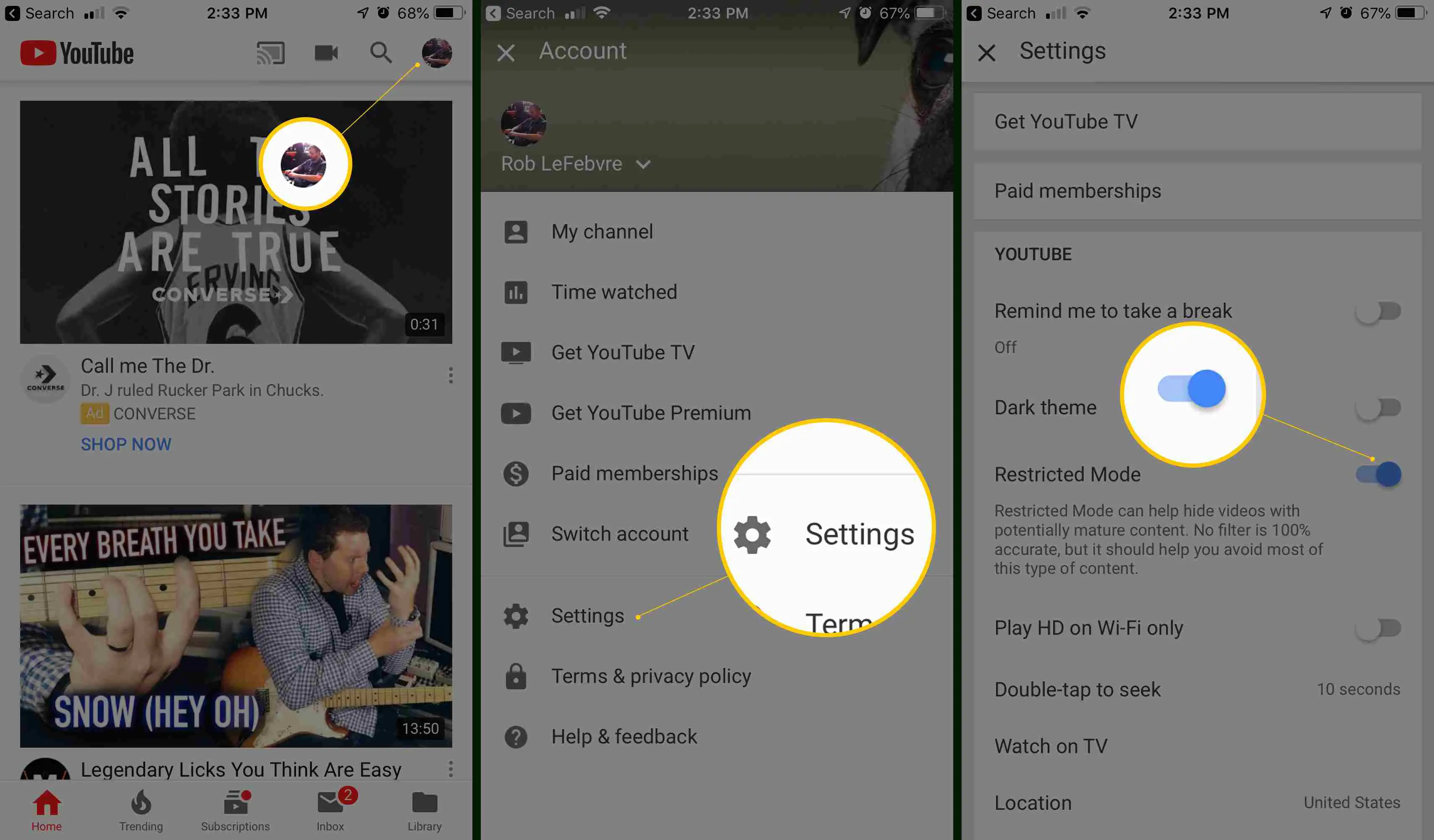 Três telas do iOS, mostrando o ícone do perfil, o botão Configurações e a alternância do Modo restrito