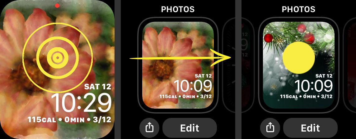 Capturas de tela mostrando como escolher um novo rosto no Apple Watch.