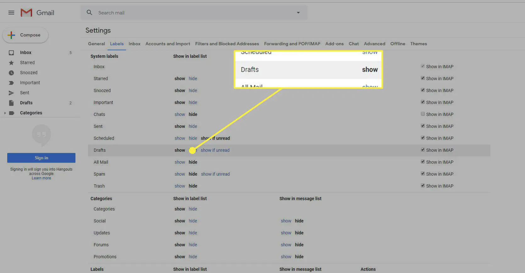 Uma captura de tela das configurações de rótulos do Gmail com a opção Rascunhos destacada