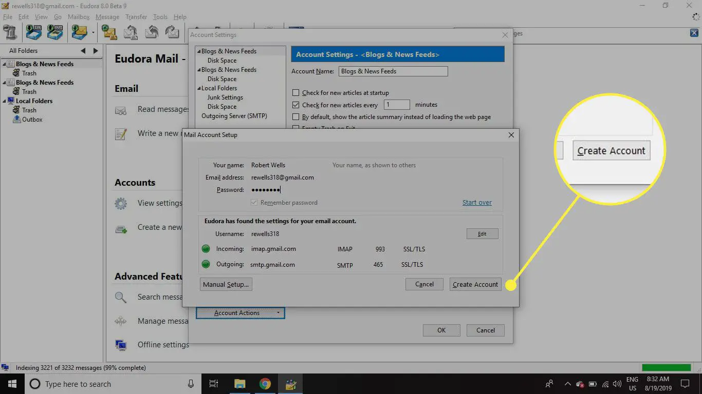 Uma captura de tela da tela Configuração da conta de correio do Eudora com o botão Criar conta destacado