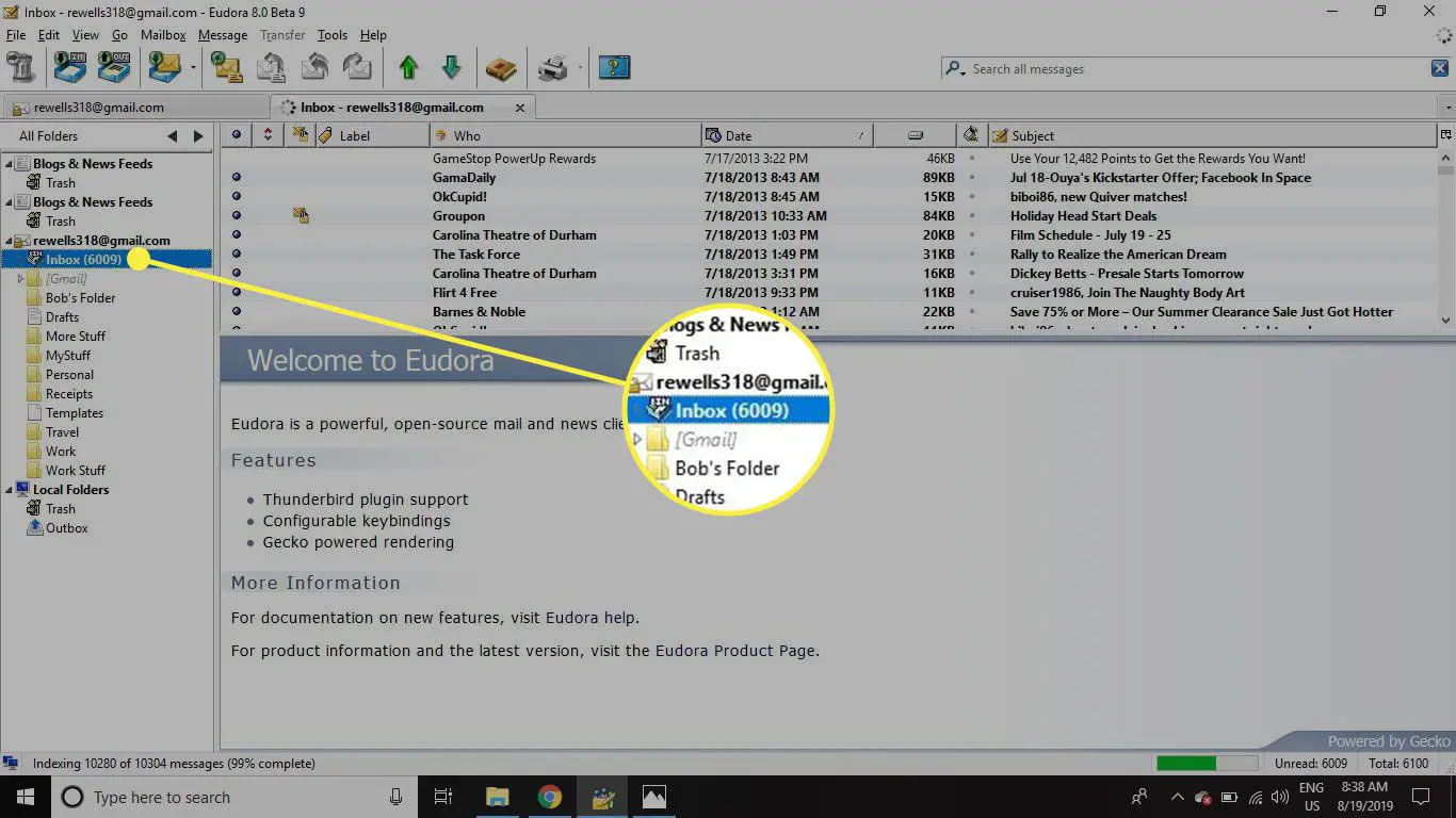 Uma captura de tela do Eudora com uma caixa de entrada do Gmail em destaque