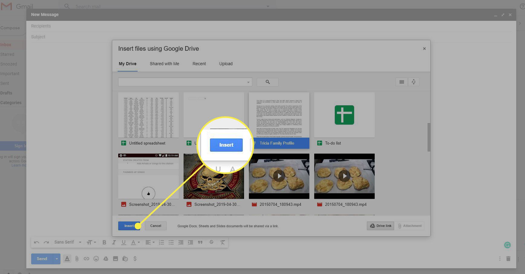 Uma captura de tela da janela "Inserir do Google Drive" no Gmail com o botão Inserir destacado