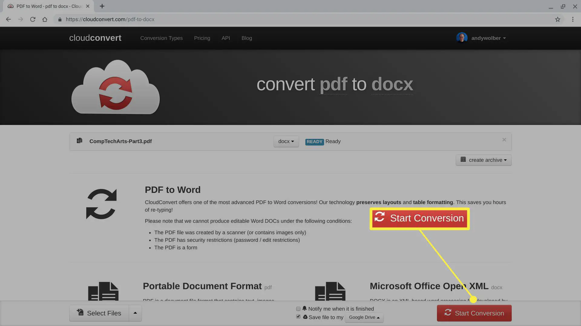 Captura de tela da conversão de arquivo .pdf para .docx em CloudConvert.com