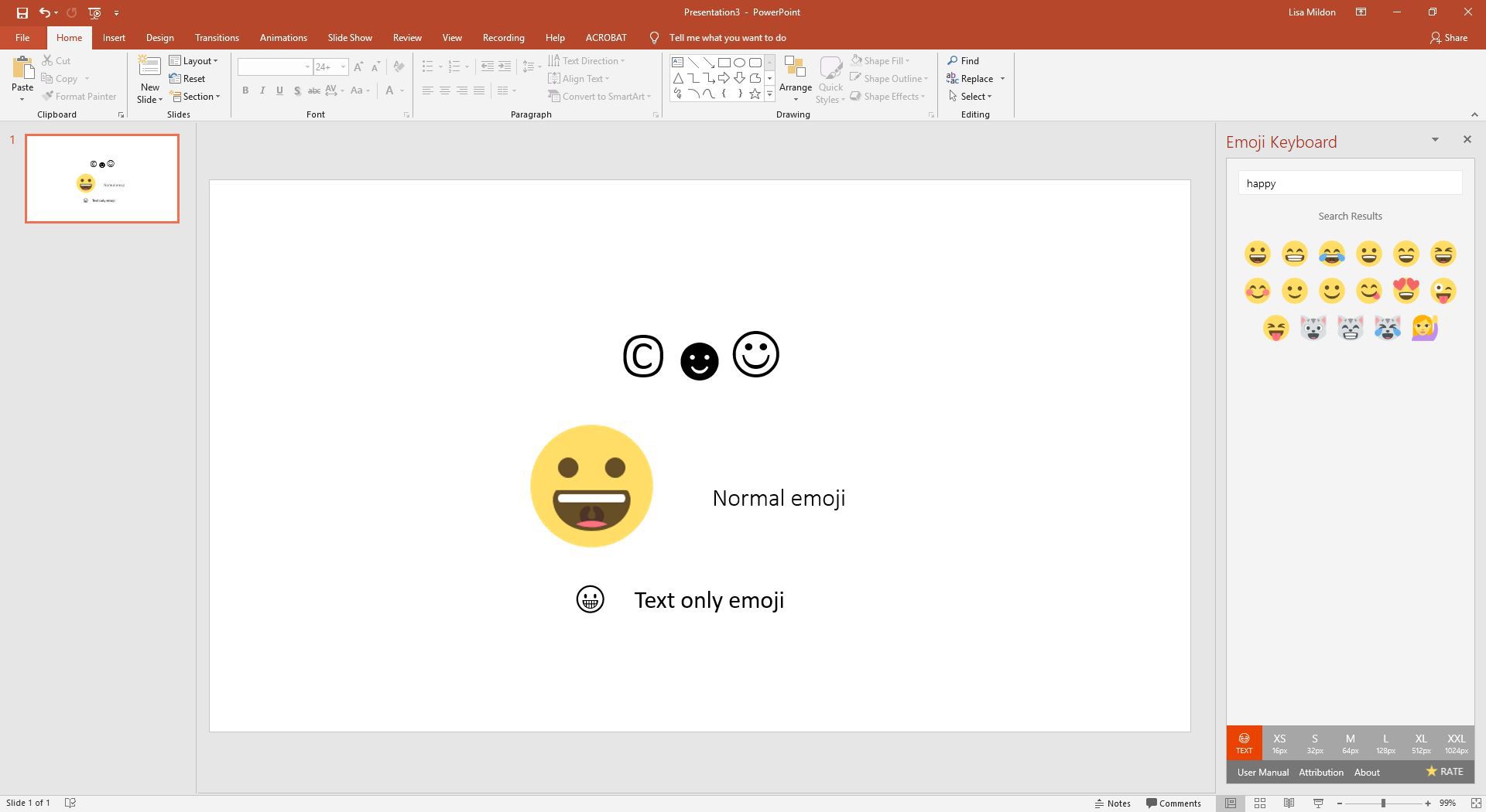 PowerPoint exibindo diferentes formatos de emoji
