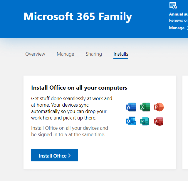 Captura de tela do botão de instalação do Office em uma conta da Microsoft