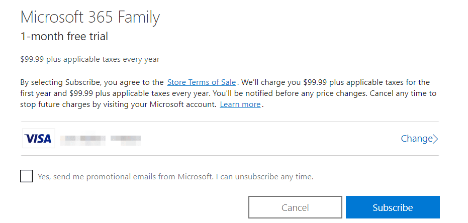 Captura de tela da página de resumo do teste gratuito da Família Microsoft 365