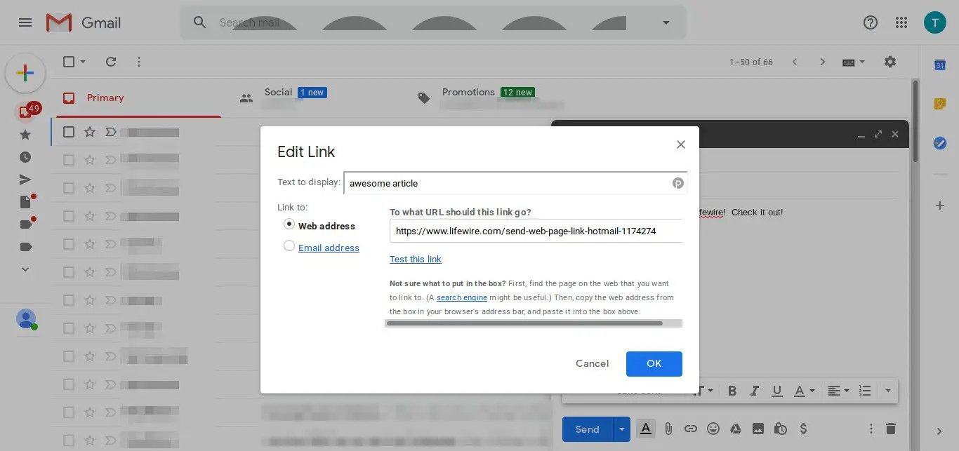 Gmail insira o URL do link