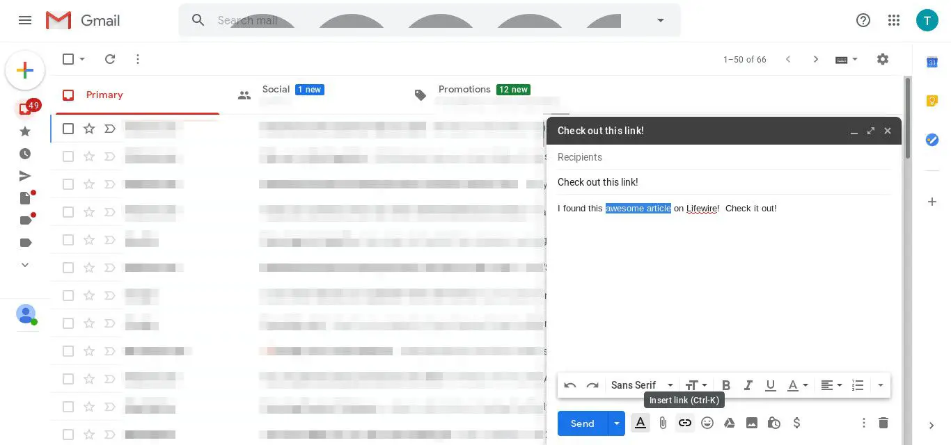 Gmail selecione a opção para inserir um link
