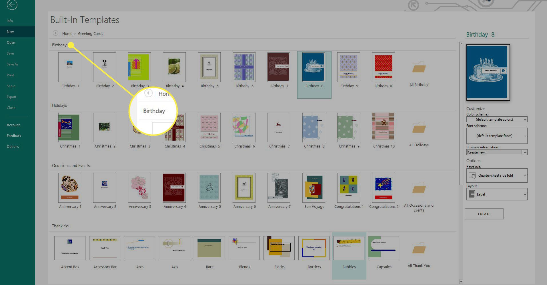 Uma captura de tela do Microsoft Publisher com a categoria de modelo de aniversário destacada