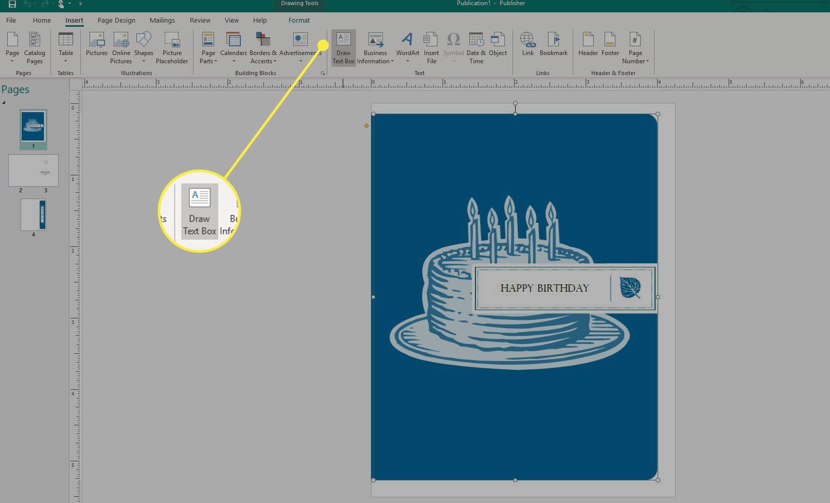 Uma captura de tela do Microsoft Publisher com o botão Desenhar caixa de texto destacado