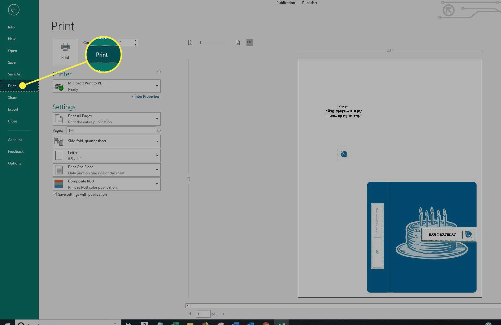 Uma captura de tela do Microsoft Publisher com o comando Imprimir destacado