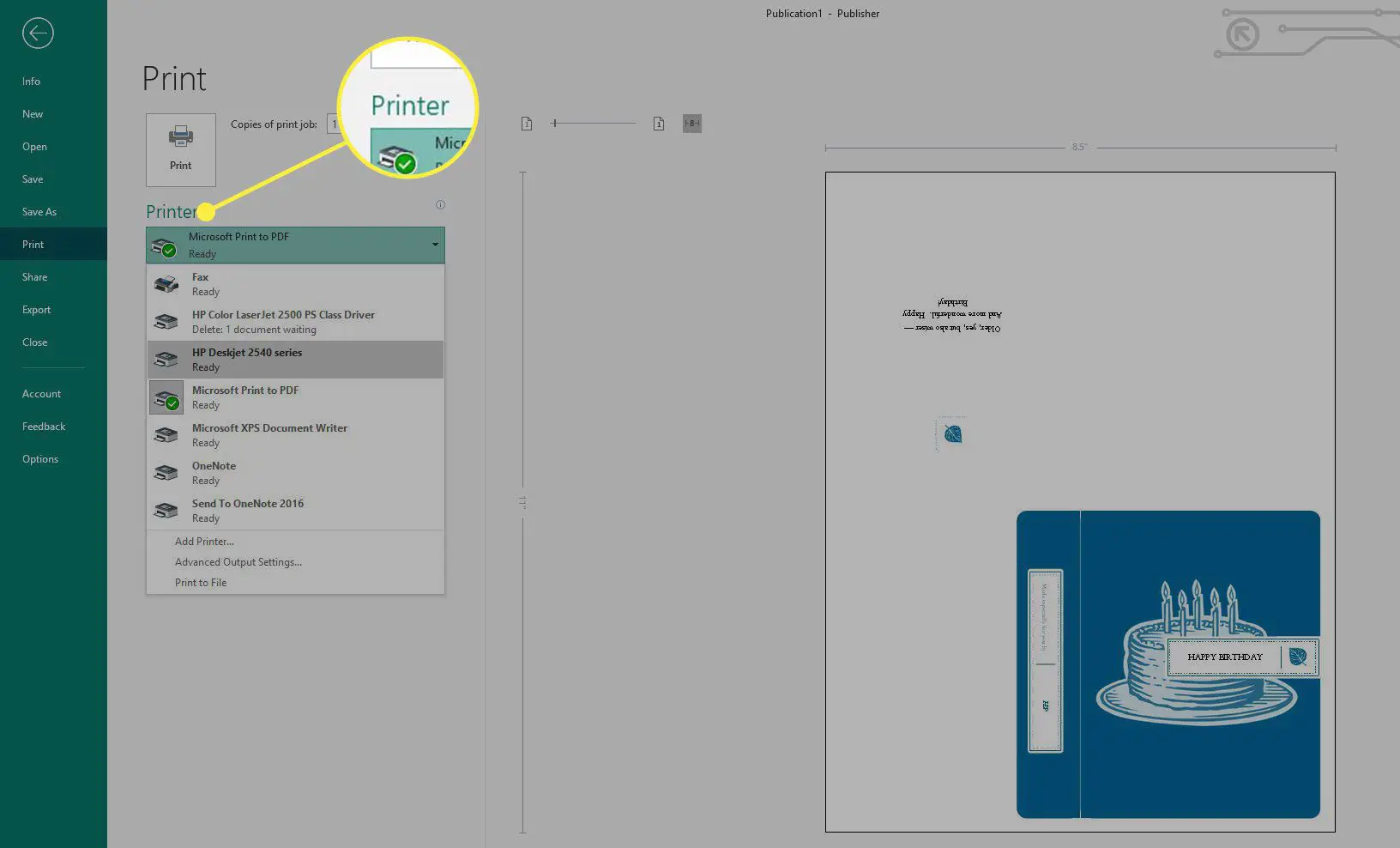 Uma captura de tela da tela de impressão do Microsoft Publisher com o título Impressora destacado