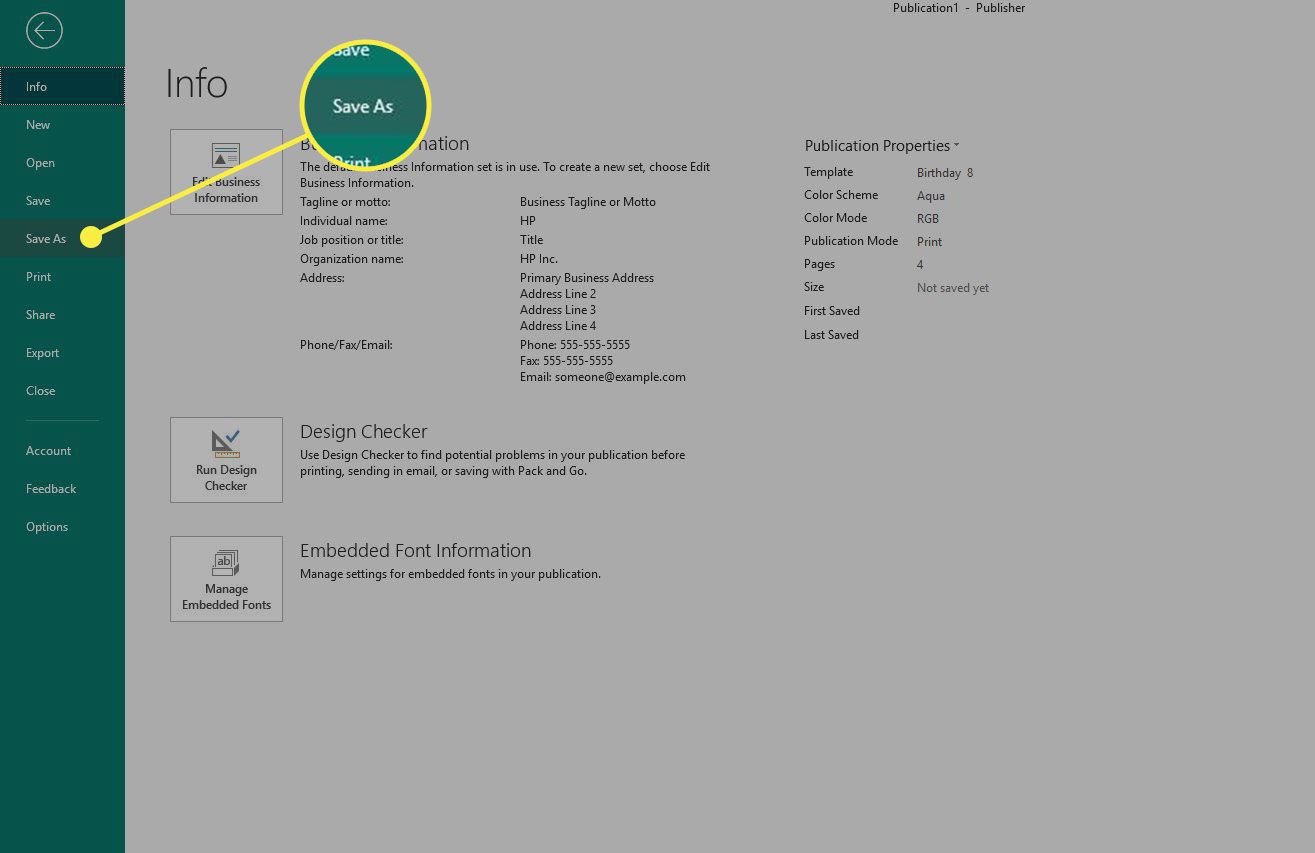 Uma captura de tela do Microsoft Publisher com o comando "Salvar como" destacado
