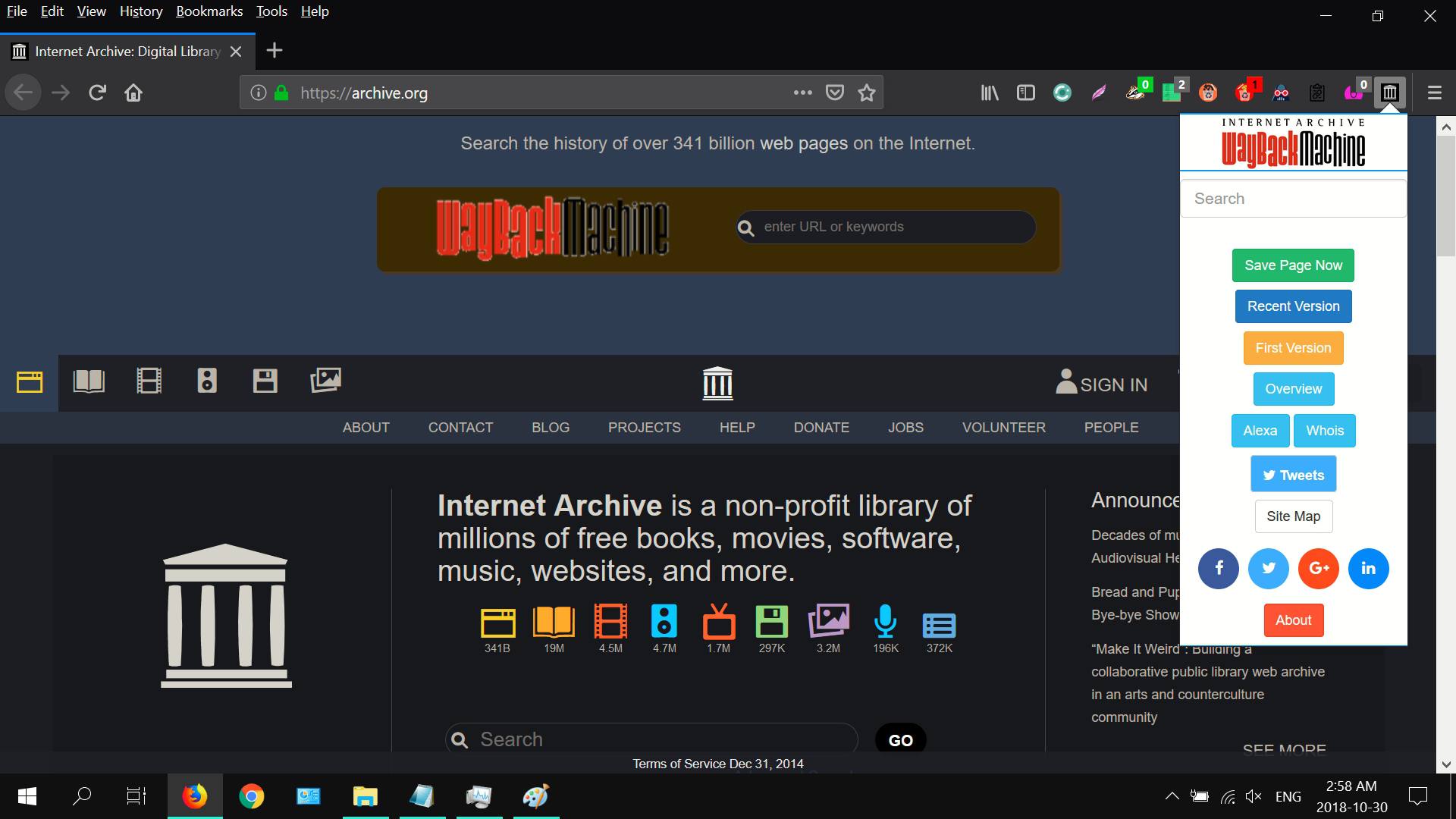 Captura de tela da extensão da web Wayback Machine para Firefox Quantum