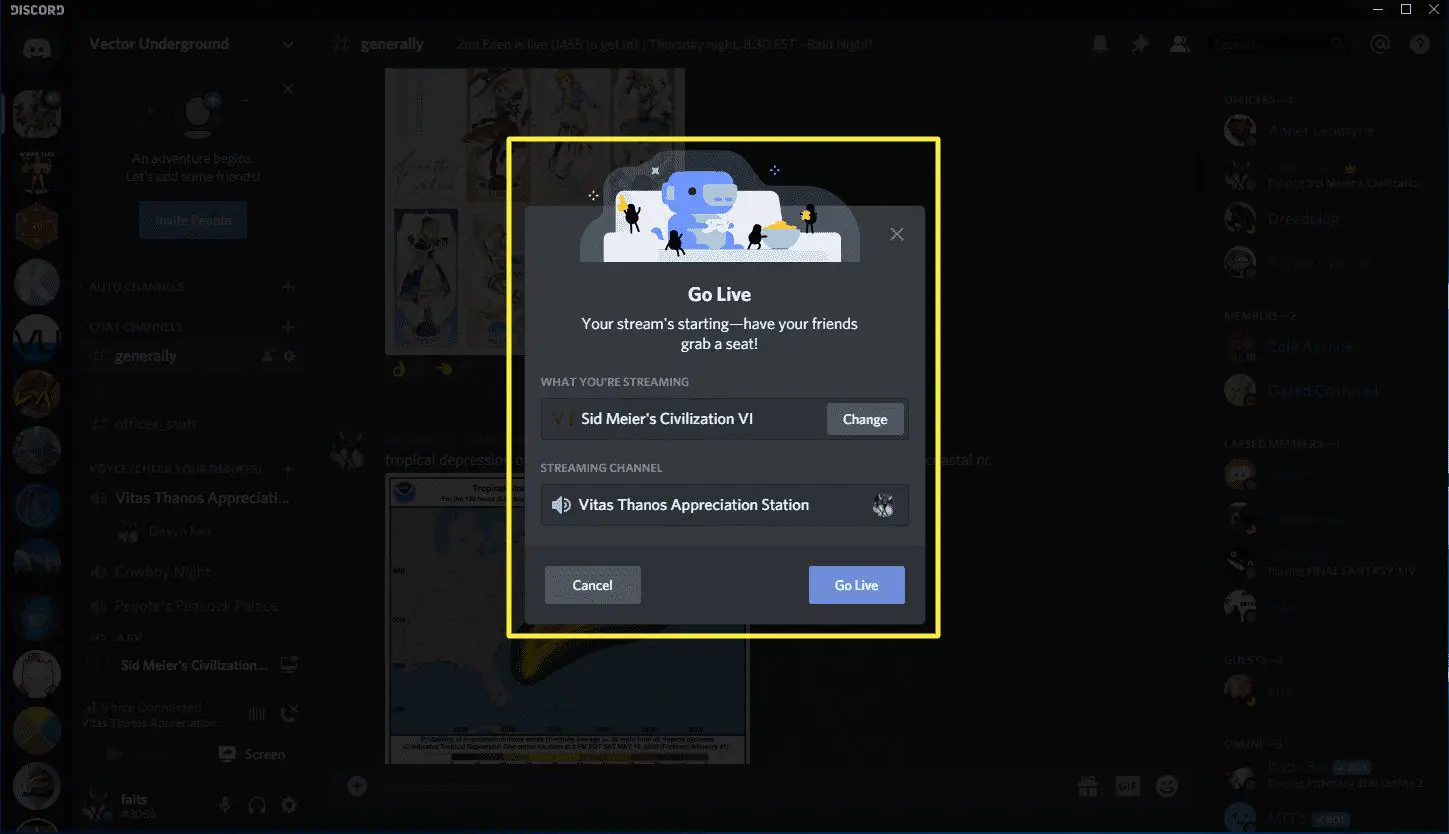 Uma captura de tela da tela do Discord Go Live.