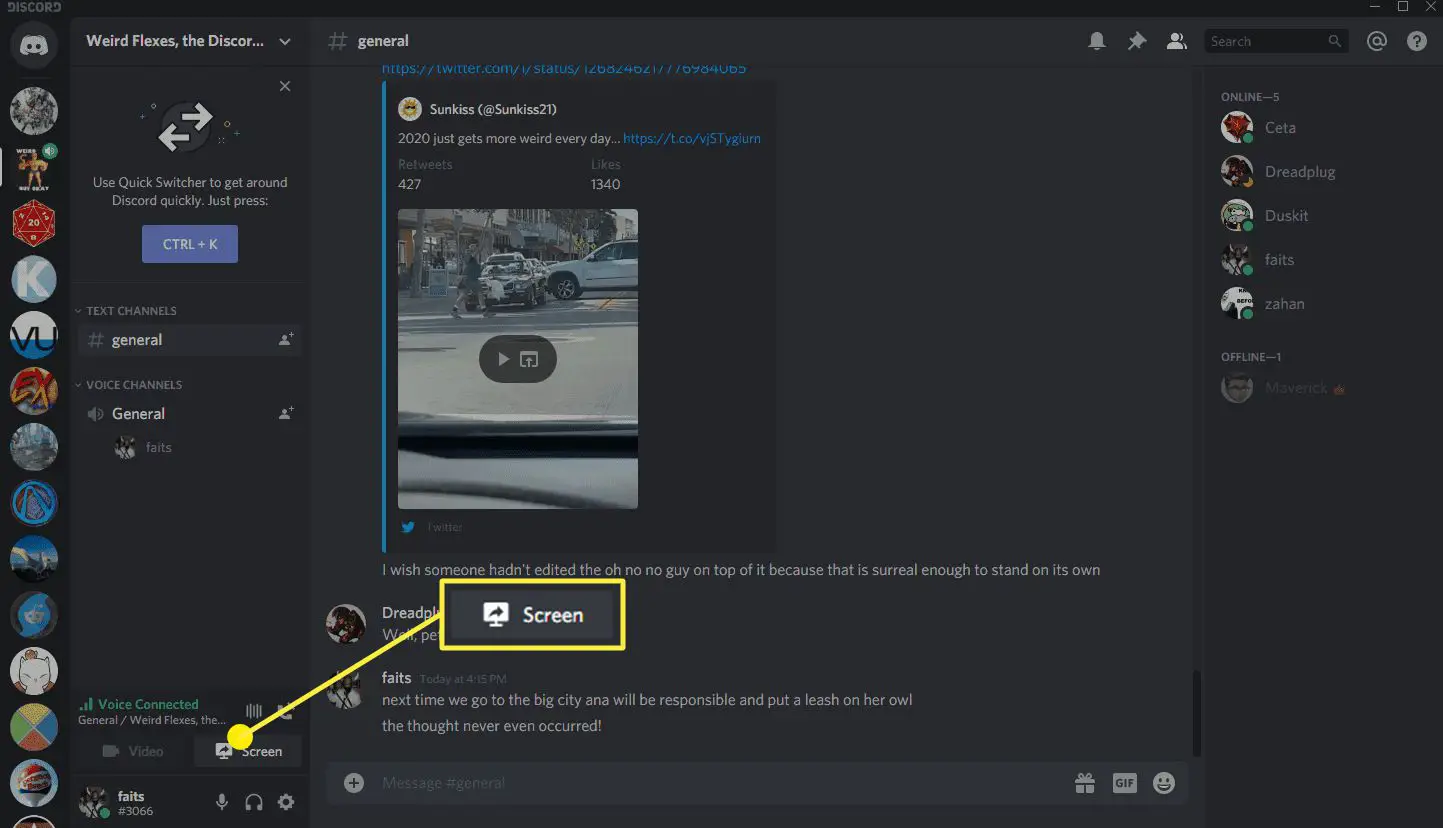 Uma captura de tela mostrando como compartilhar a tela no Discord.