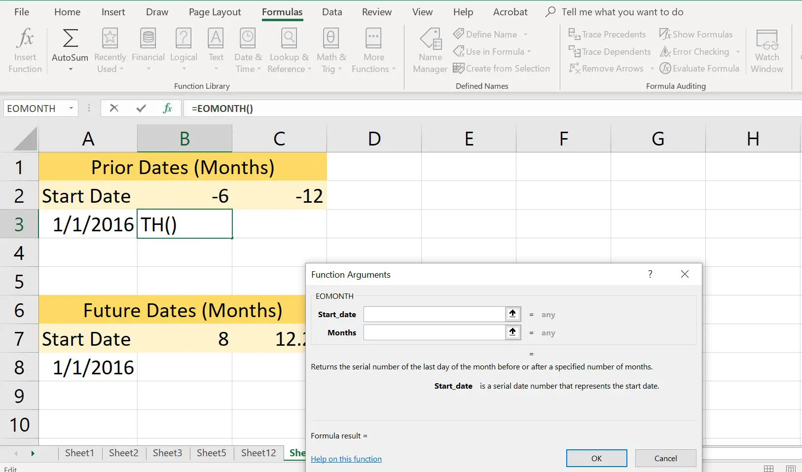 Uma captura de tela da caixa de diálogo da função EOMONTH do Excel.