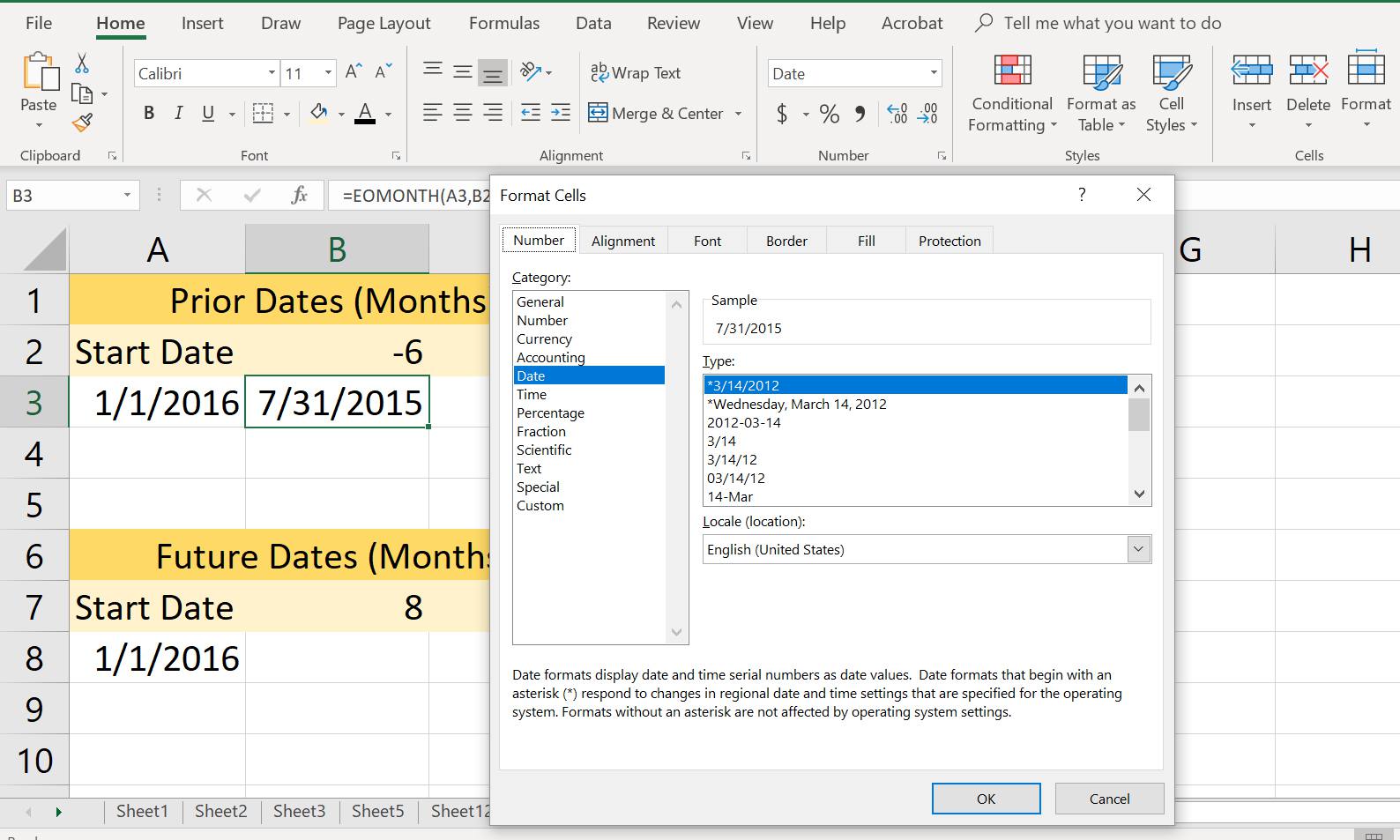 Uma captura de tela da caixa de diálogo Formatar células do Excel com o formato de data selecionado.