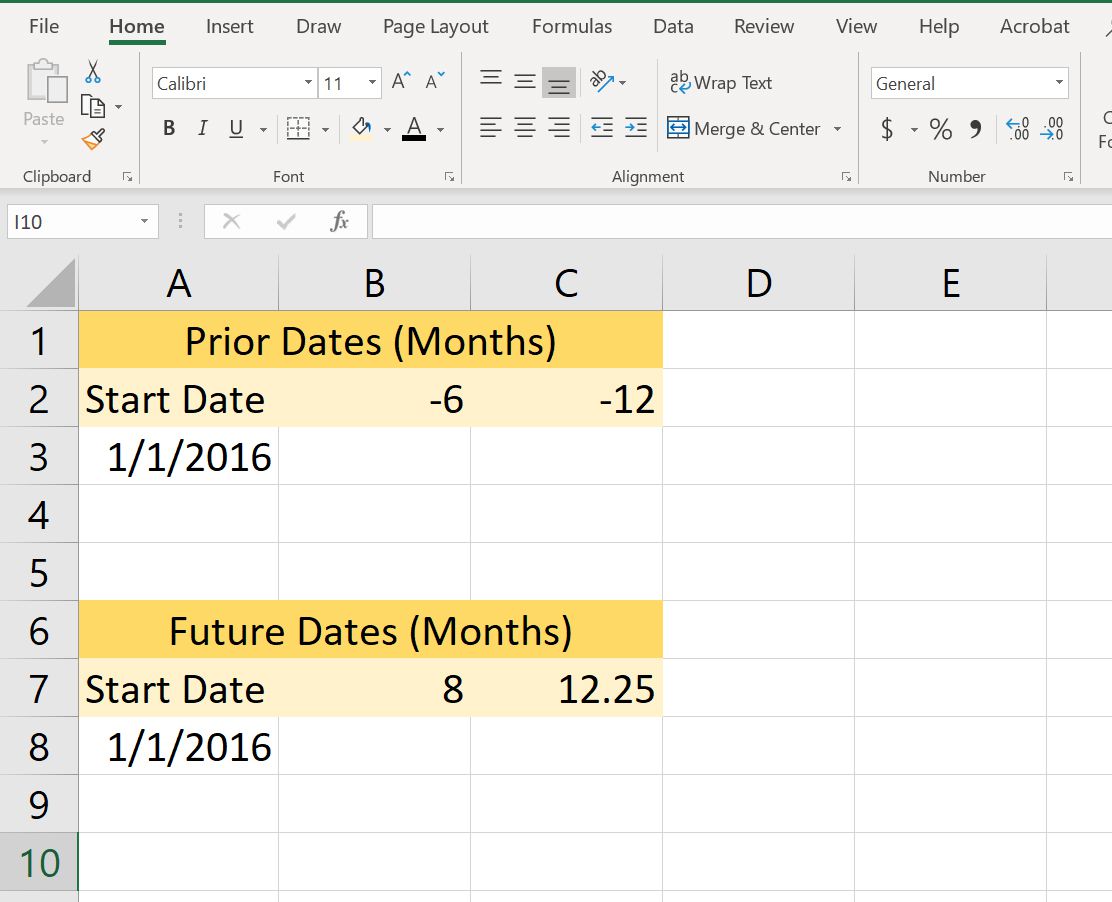 Uma captura de tela de uma planilha do Excel com alguns exemplos da função EOMONTH.