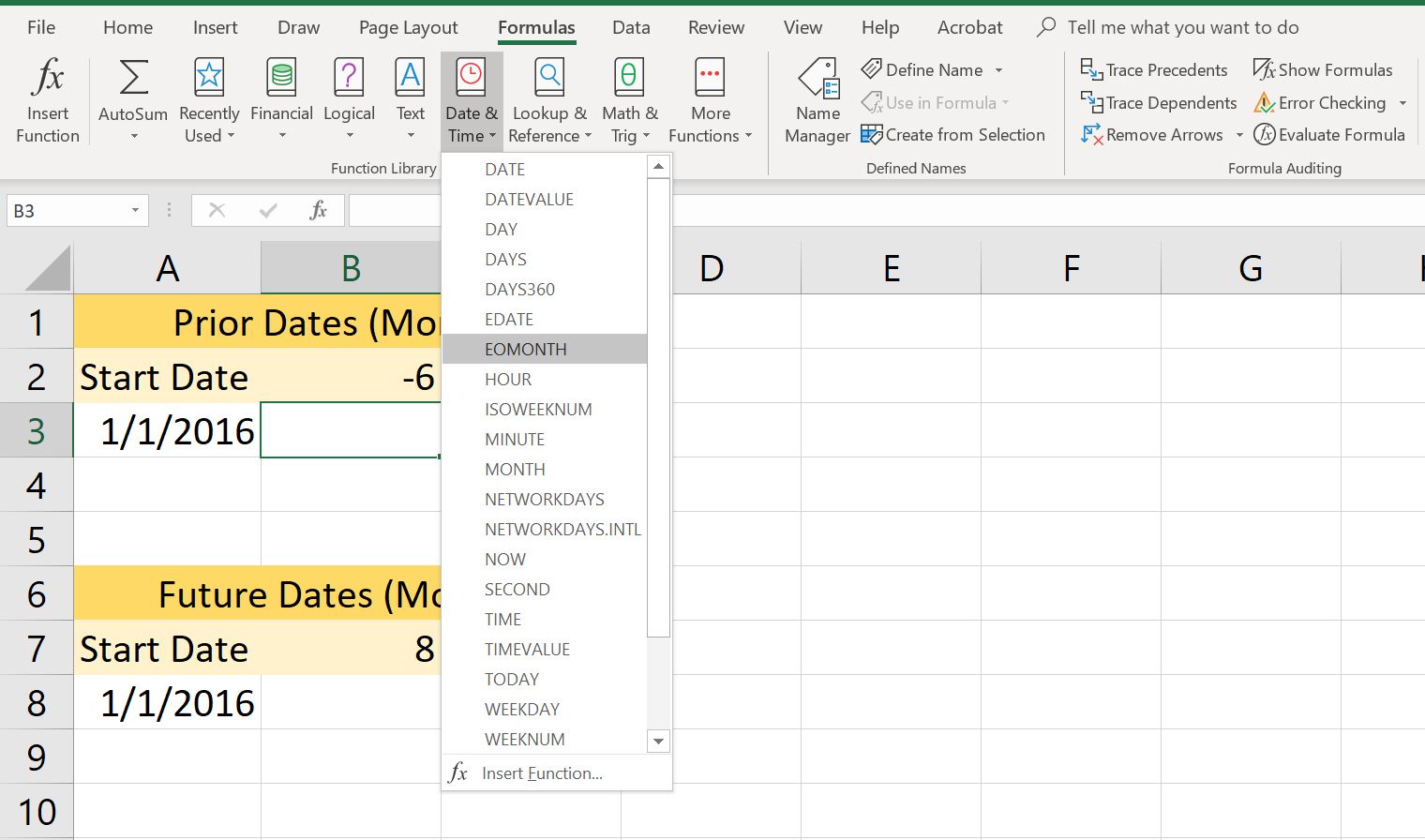 Uma captura de tela do menu suspenso da fórmula de data e hora do Excel com EOMONTH selecionado.