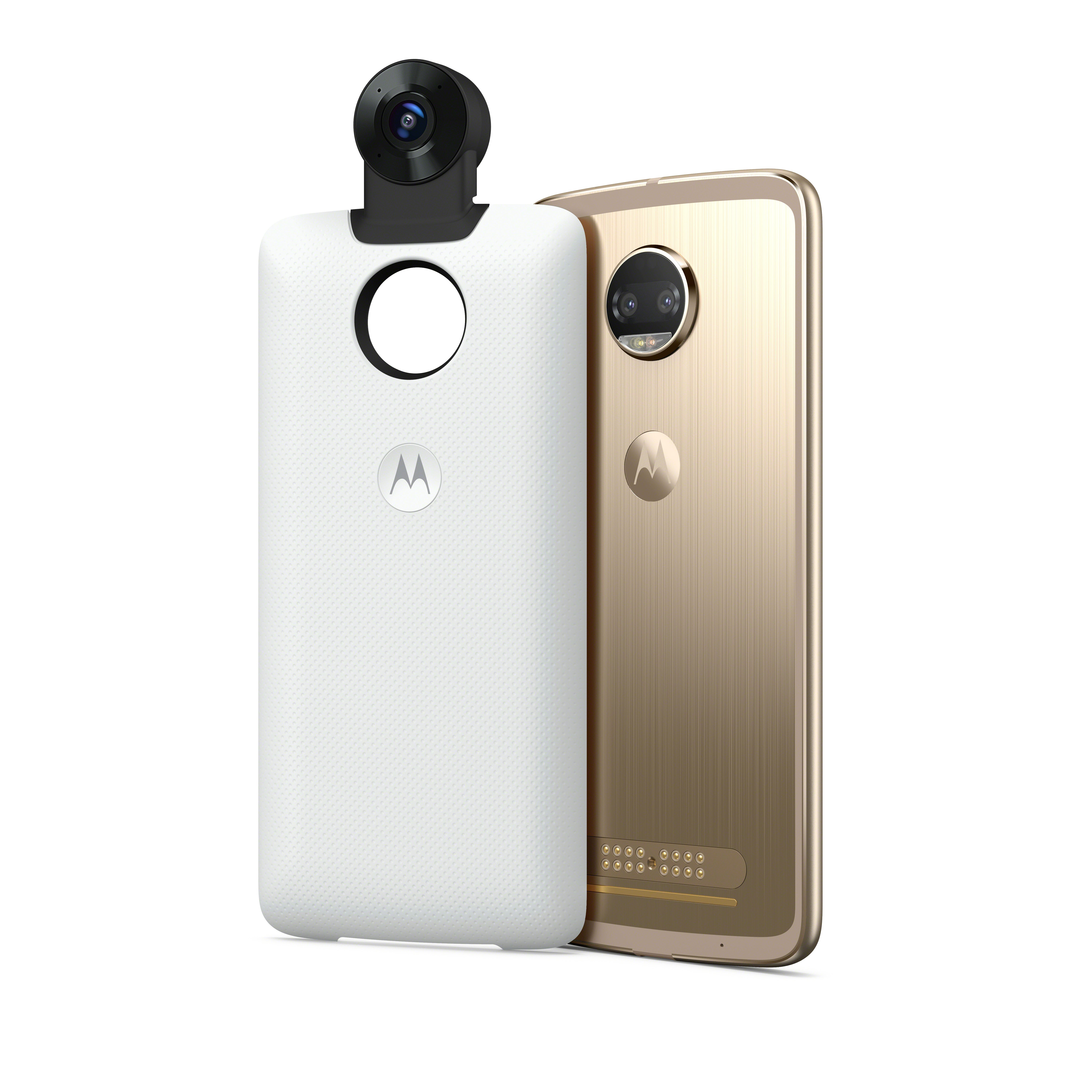 O Mod de Câmera Moto 360 ao lado do smartphone Moto Z2 Force Edition