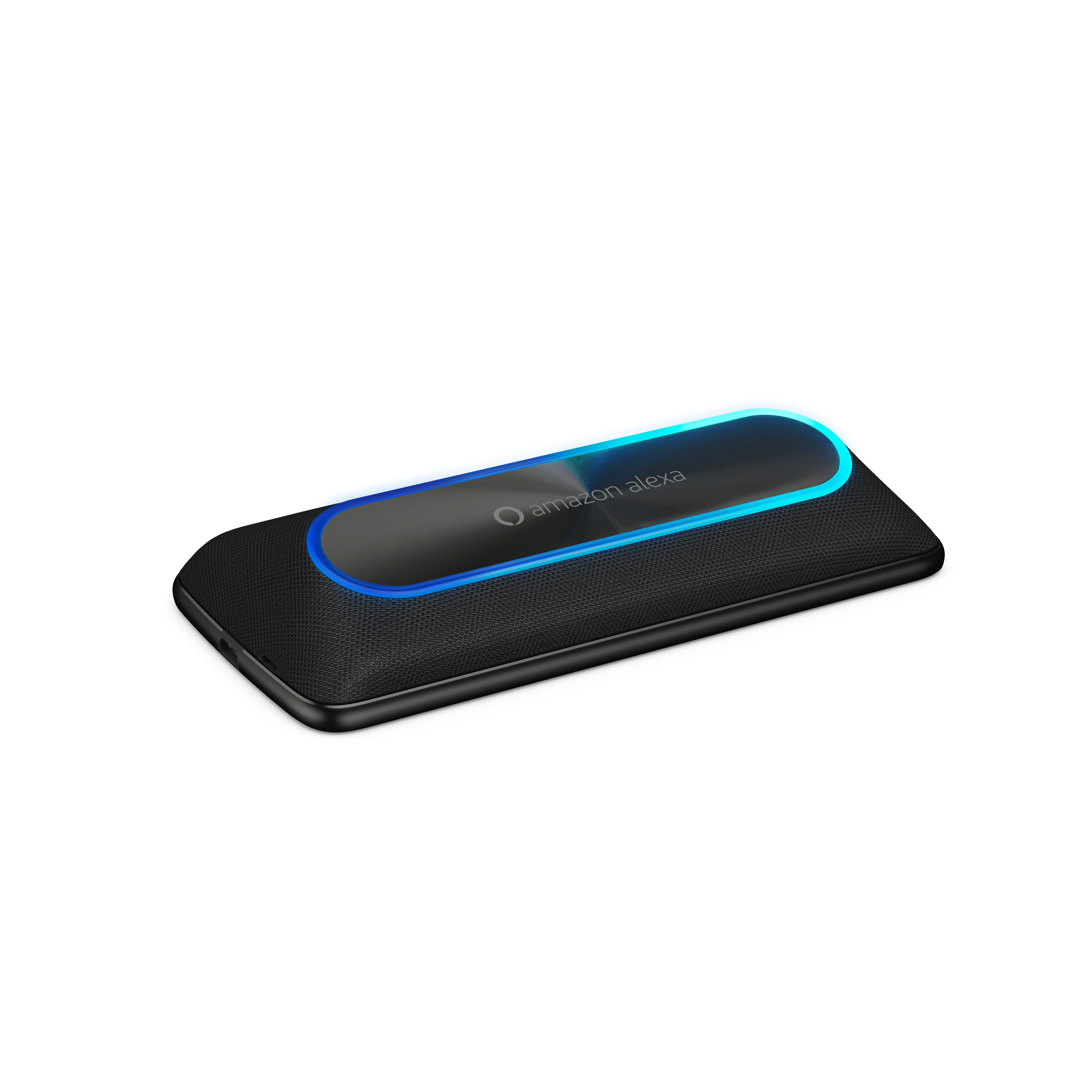 O Moto Smart Speaker com Amazon Alexa, voltado para baixo com a luz indicadora acesa
