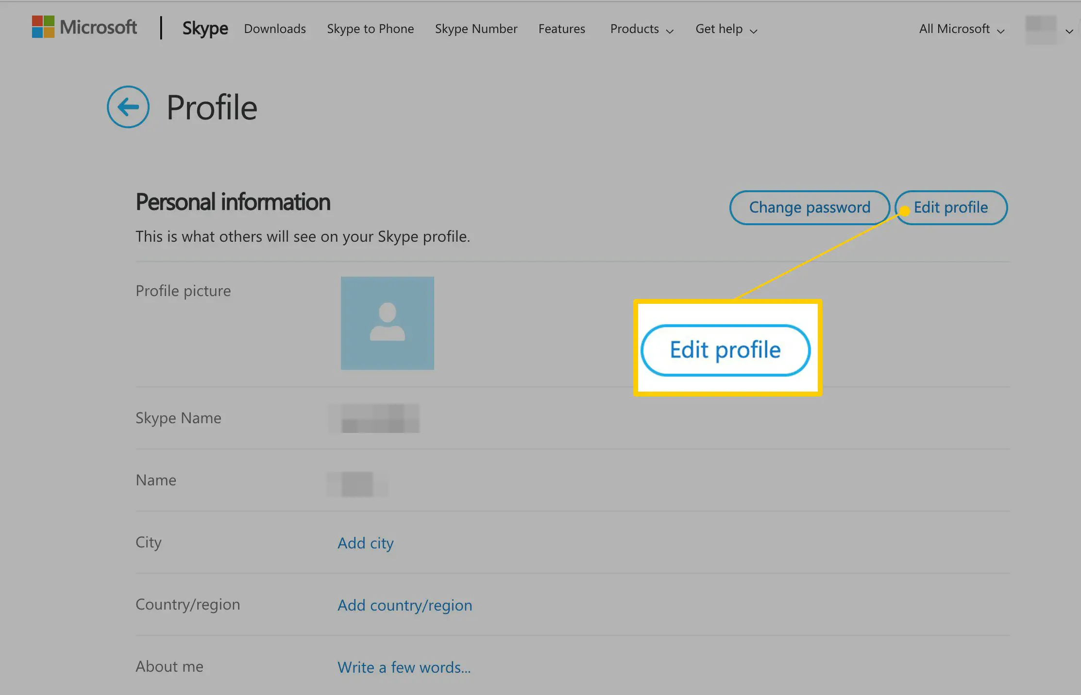 Botão de edição de perfil na página da web do Skype