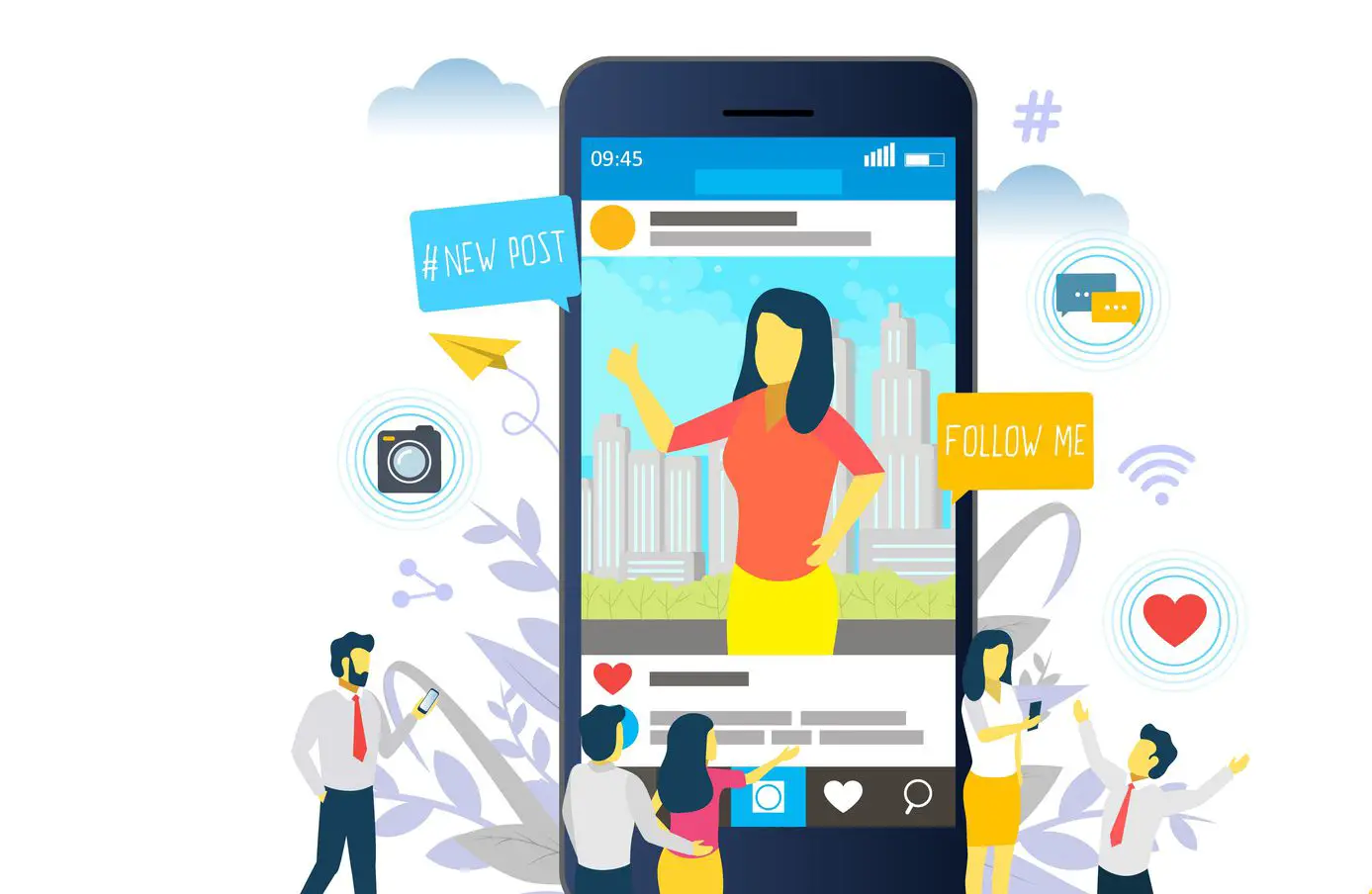 Ilustração do Instagram com pessoas curtindo um telefone